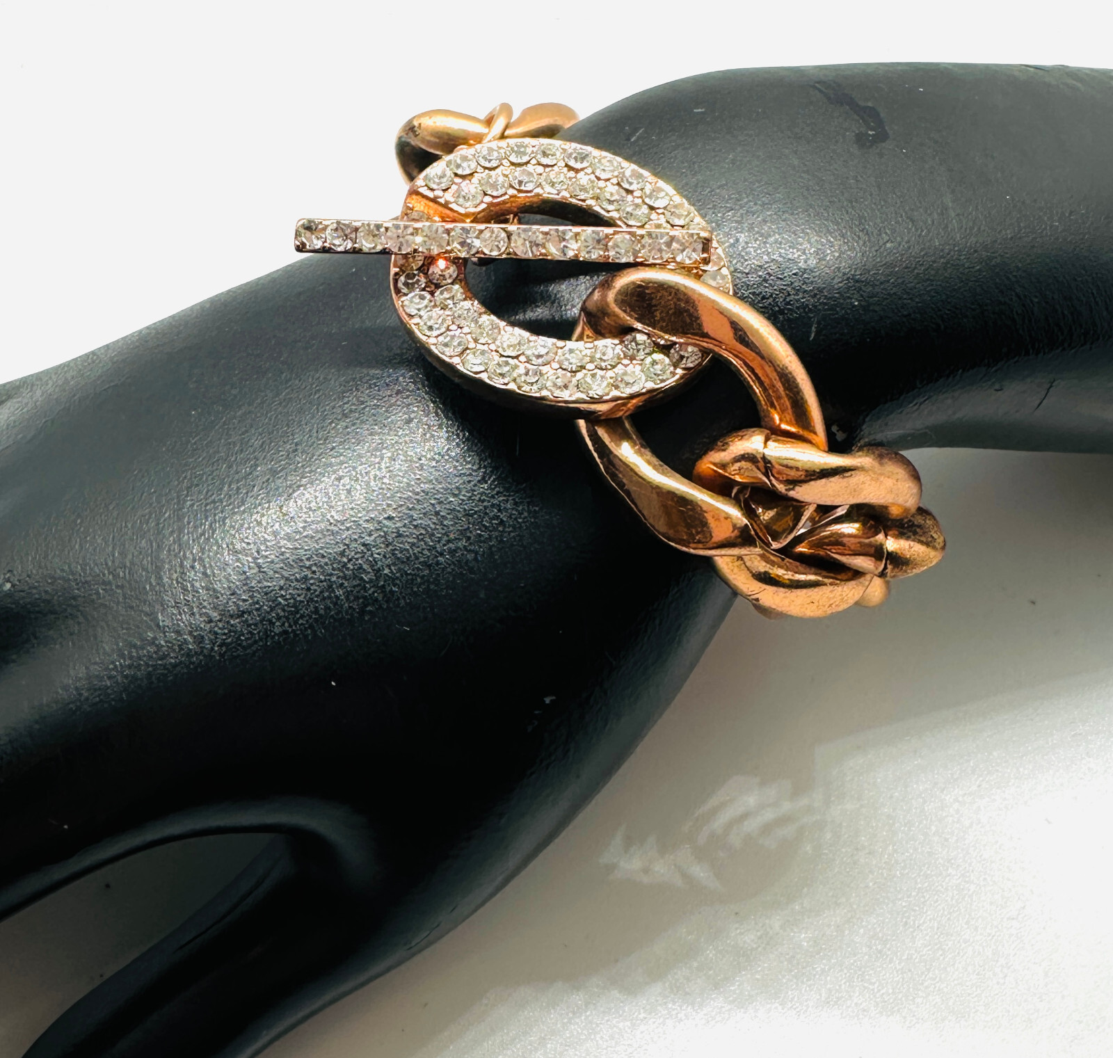 Vtg Copper Color Chunky Link Rhinestone Toggle Bracelet 7.5″ Minty Condition