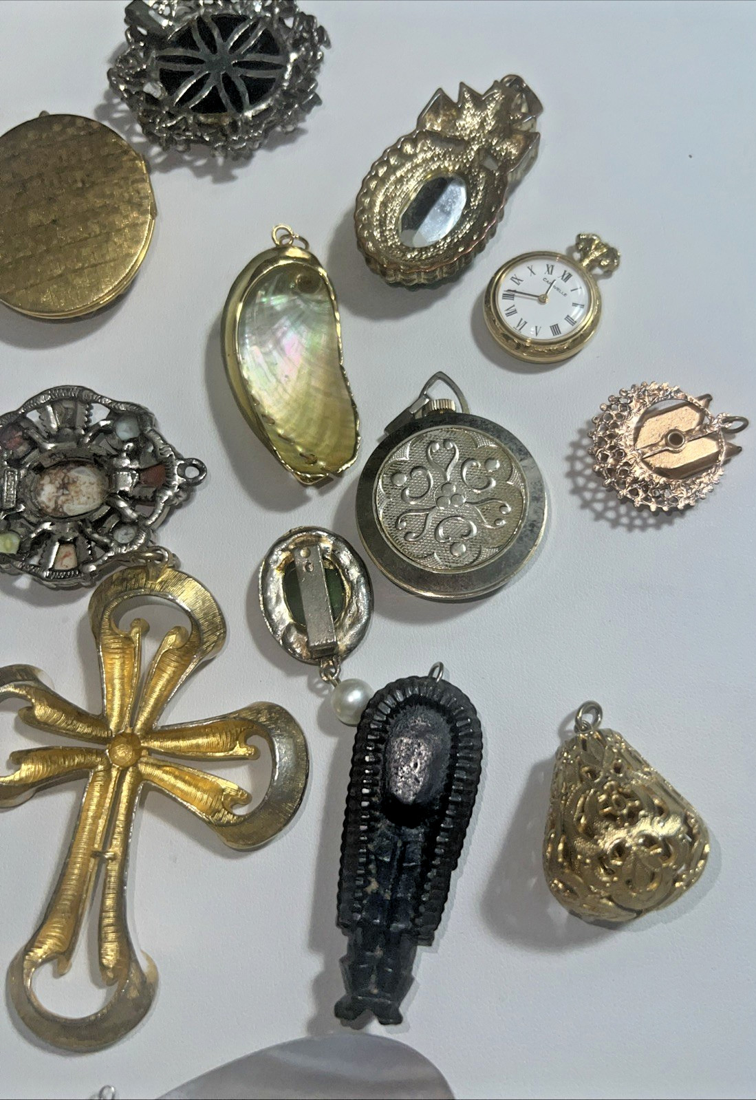 Vintage Unique Large Pendant Lot Cross Cameo Locket Watch Shell Stone Crystal