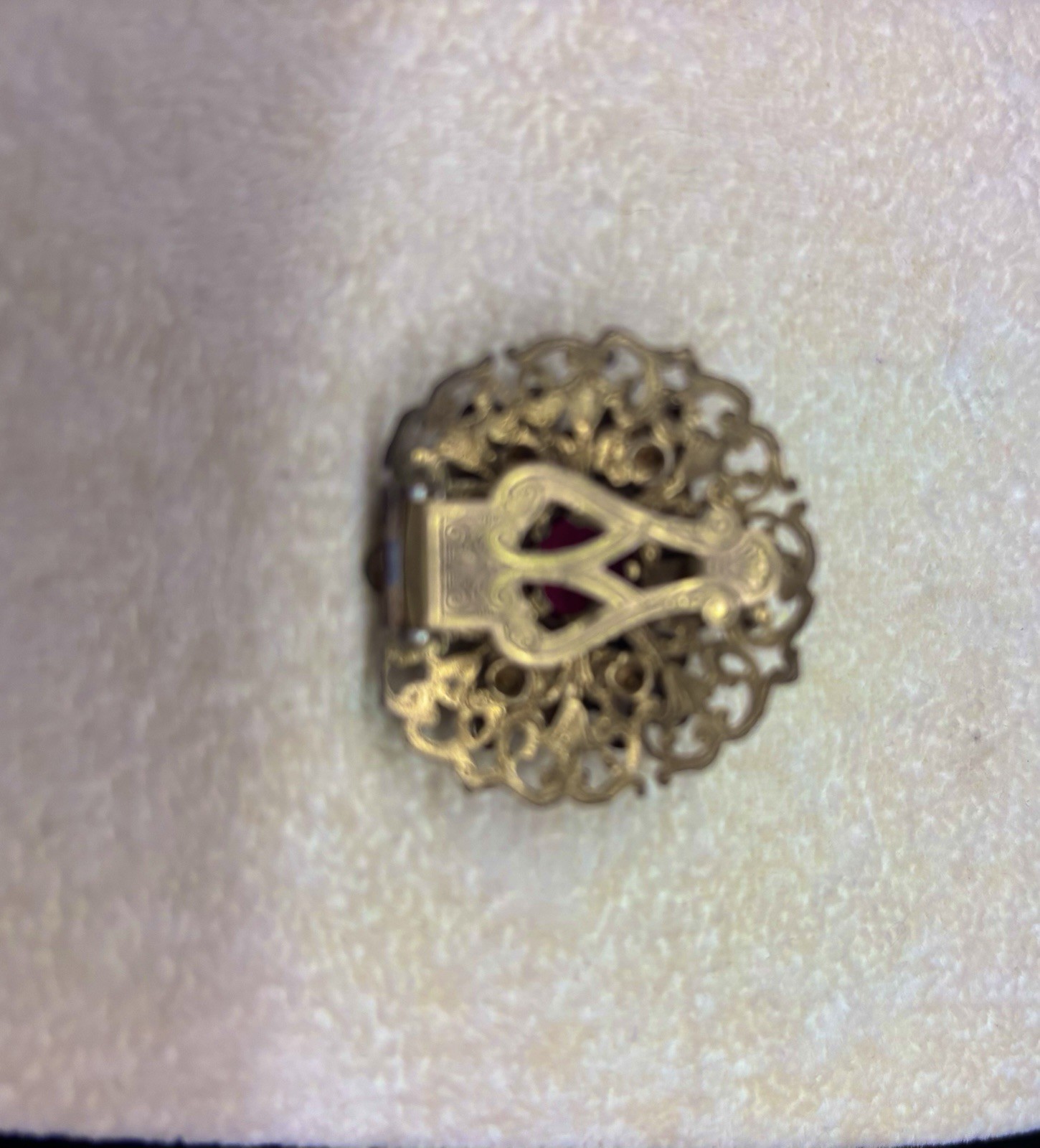 Vintage Early Coro R Marked Red Crystal Dress Clip Brooch Ornate Gold Tone. Rare