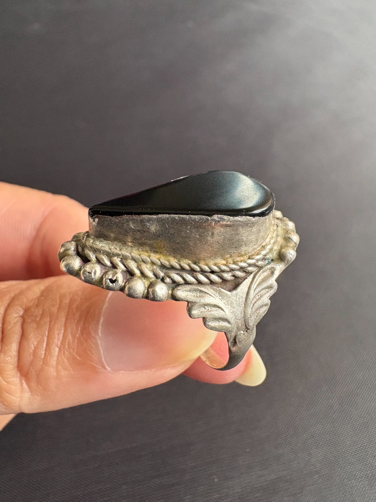 Vintage 925 Sterling Silver Tear Shaped Black Stone Ring Handmade Size 8.25 US