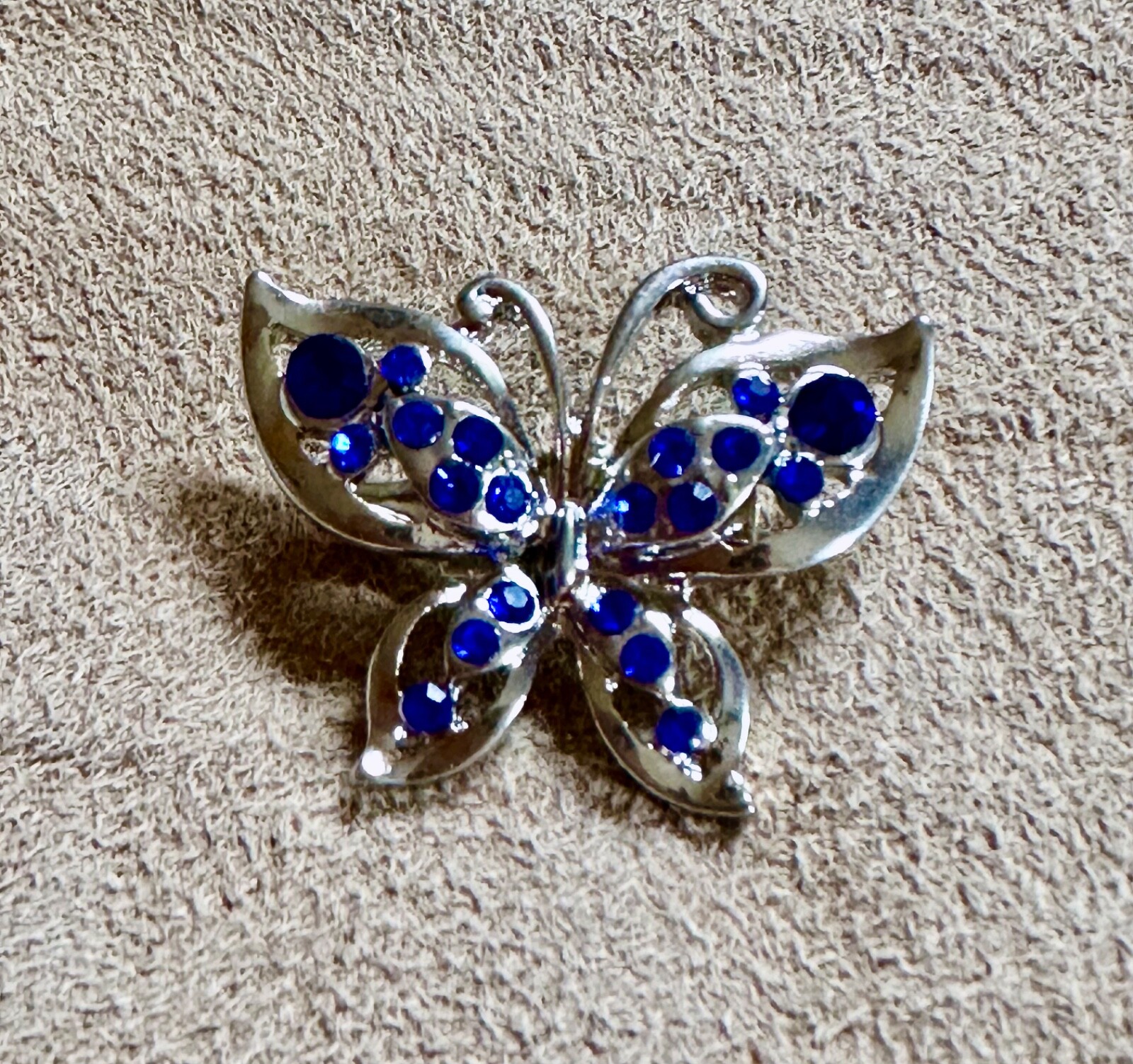 Butterfly Brooch Bejeweled All Blue Stones Silver C Clasp Sparkly Sweet Petite