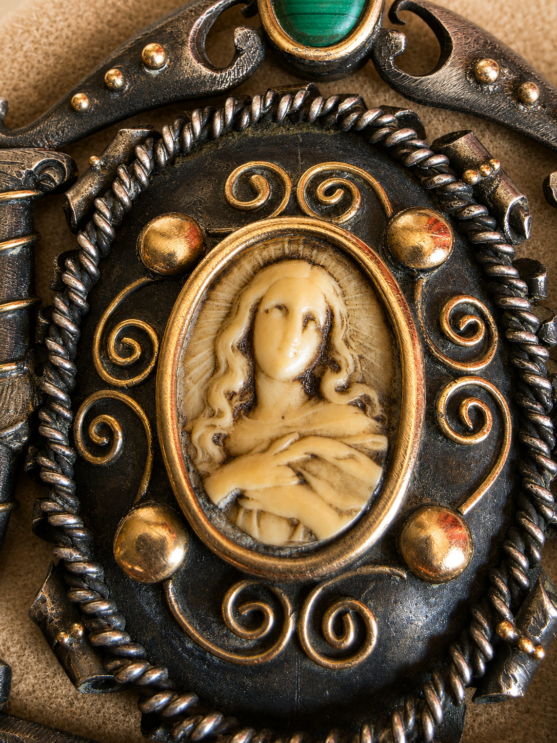 Antique Gold Silver Religious Pendant Virgin Mary Malachite Large Rare