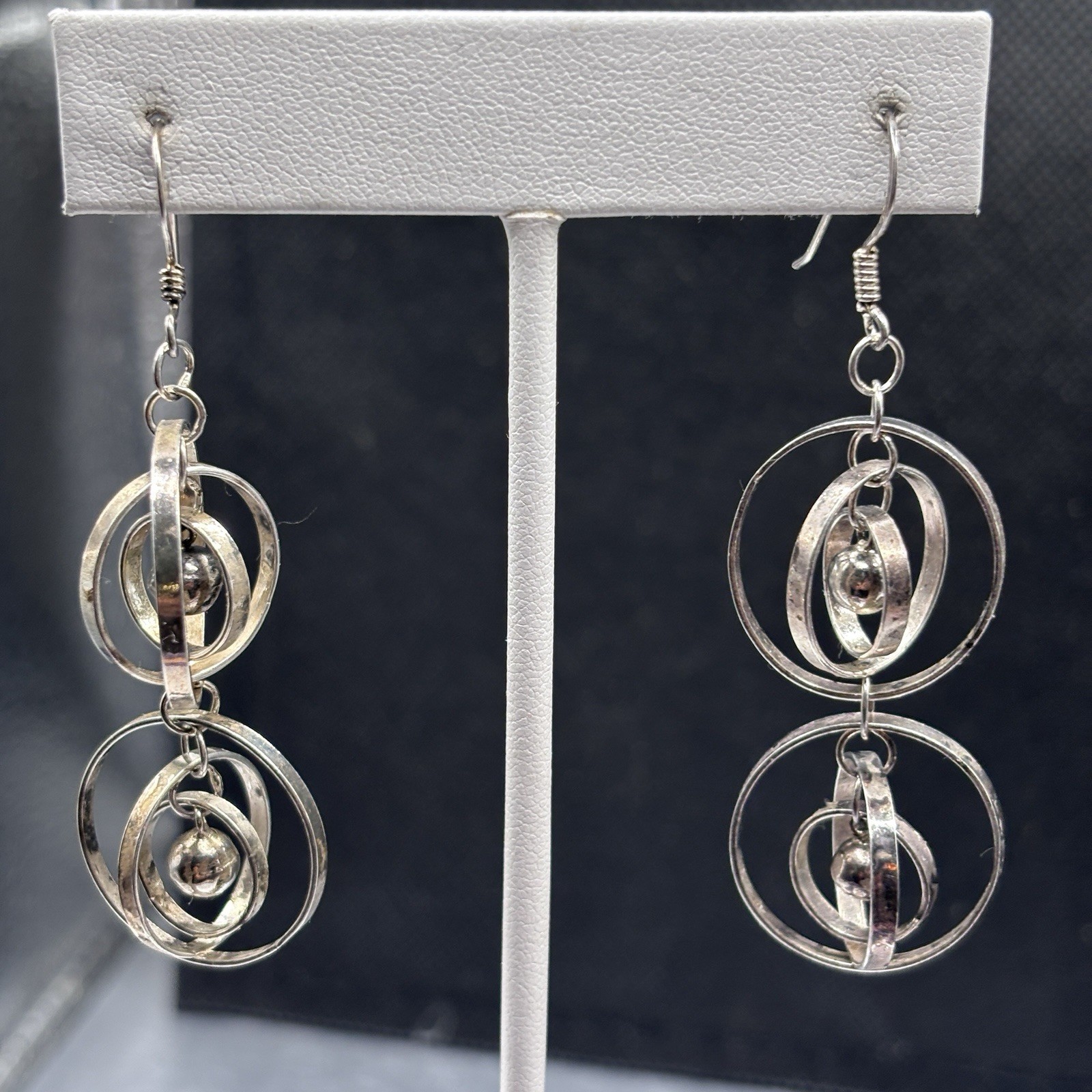 Two-Tiered 3 Concentric Circle’s 925 Silver Earrings Center Bead “Navajo Pearl”