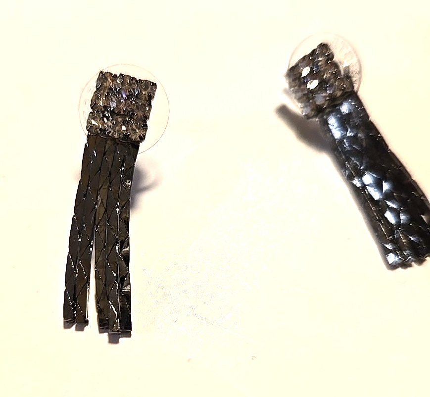 Vtg Black With Rhinstone Pierced Earrings ~ 1-1/4 in long