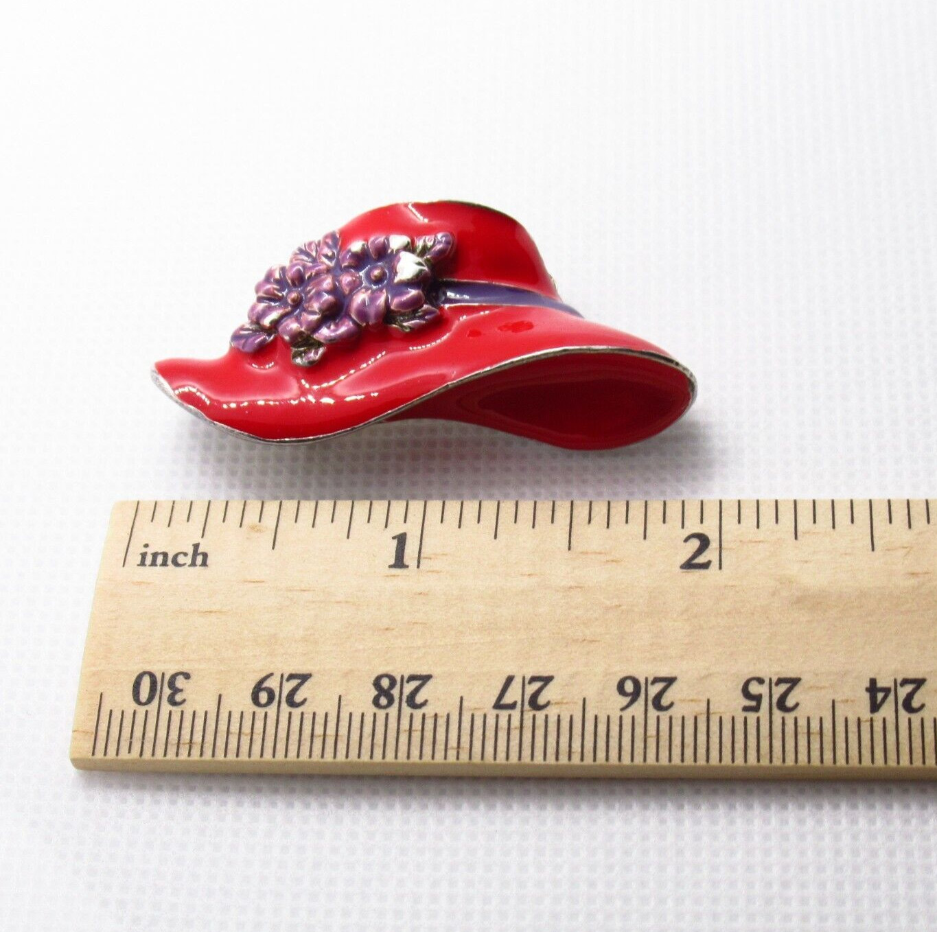Vintage Red Hat Brooch Necklace Charm Purple Flowers Ribbon Design