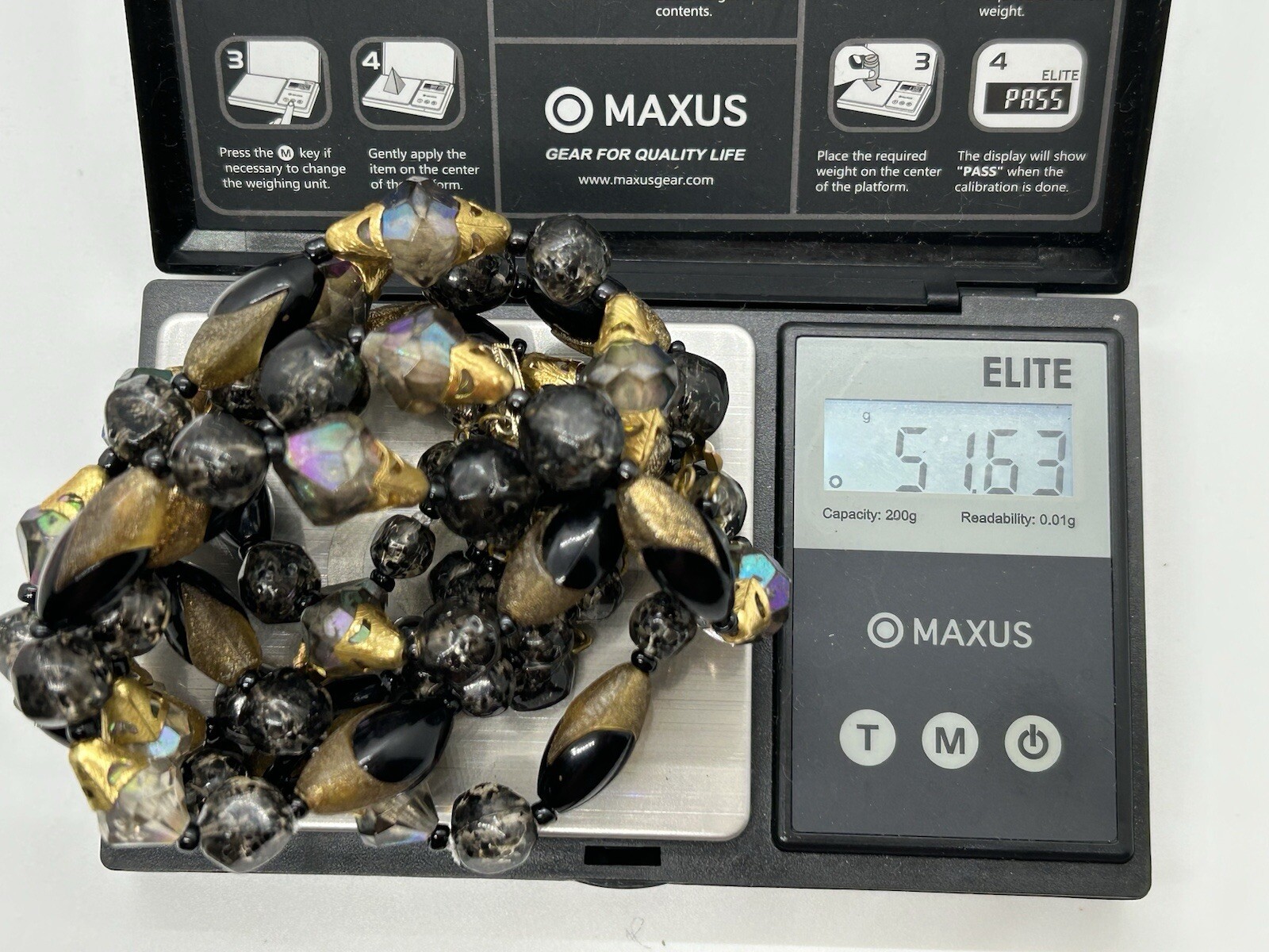 Vintage W.Germany 3 Strand Black And Gold Tone Beads Necklace Adjustable 15-17in