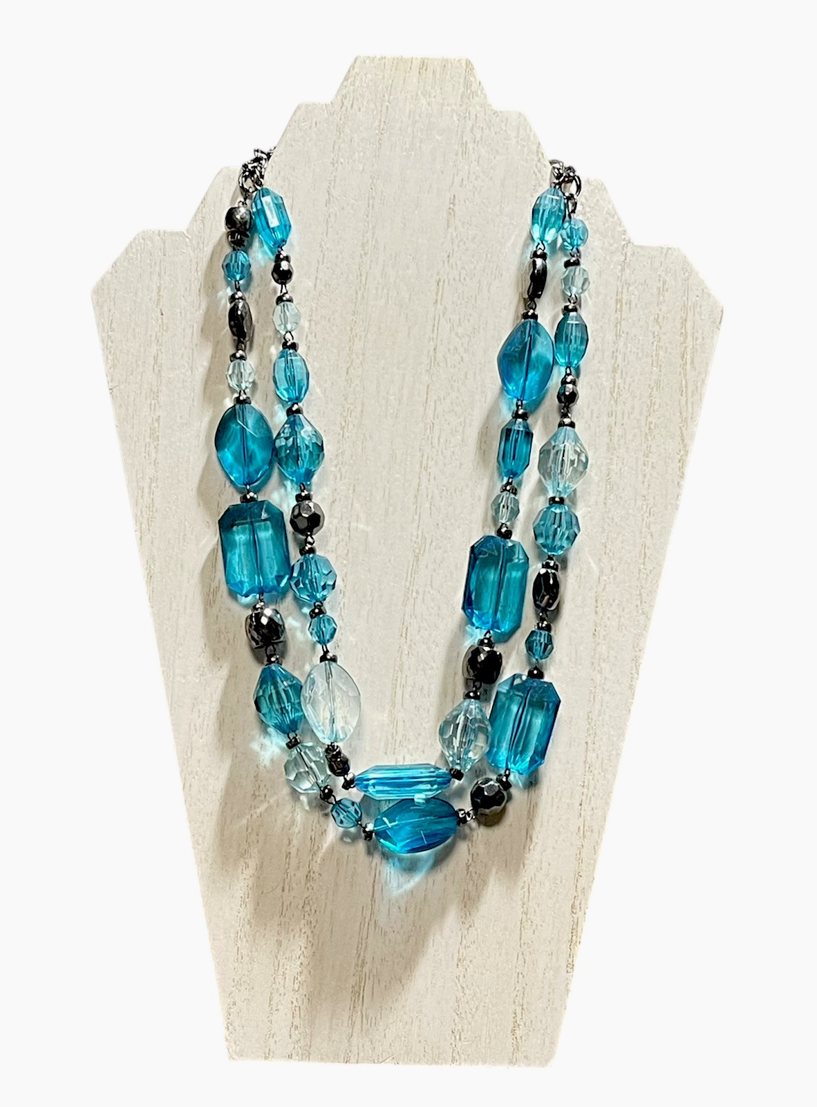 Lovely Teal Turquoise, Aqua Blue & Gunmetal Tones Double Strand Beaded Necklace