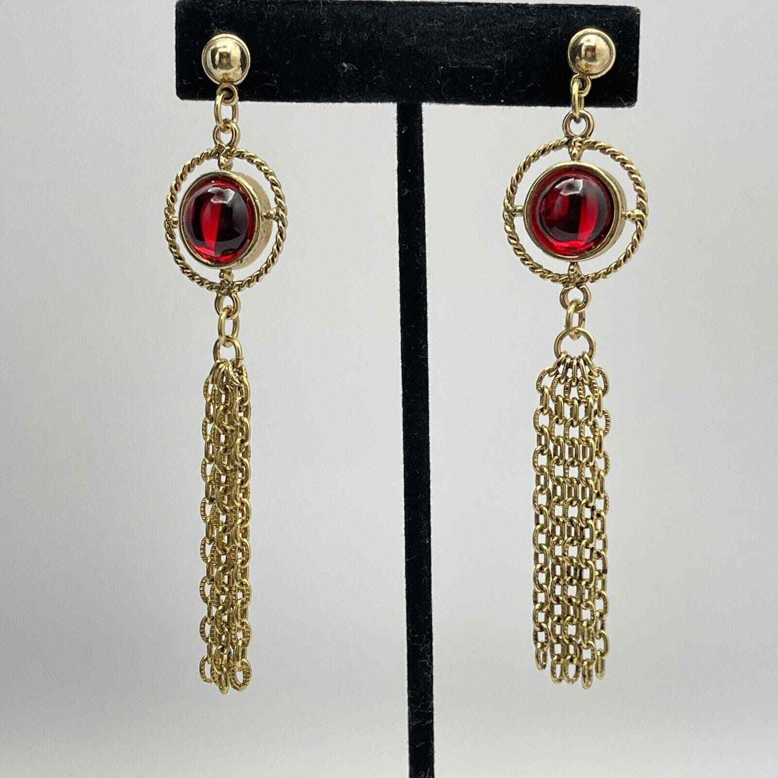Red Gripoix Style Poured Glass Cabochon Gold Tone Fringe Tassel Earrings 3.25”