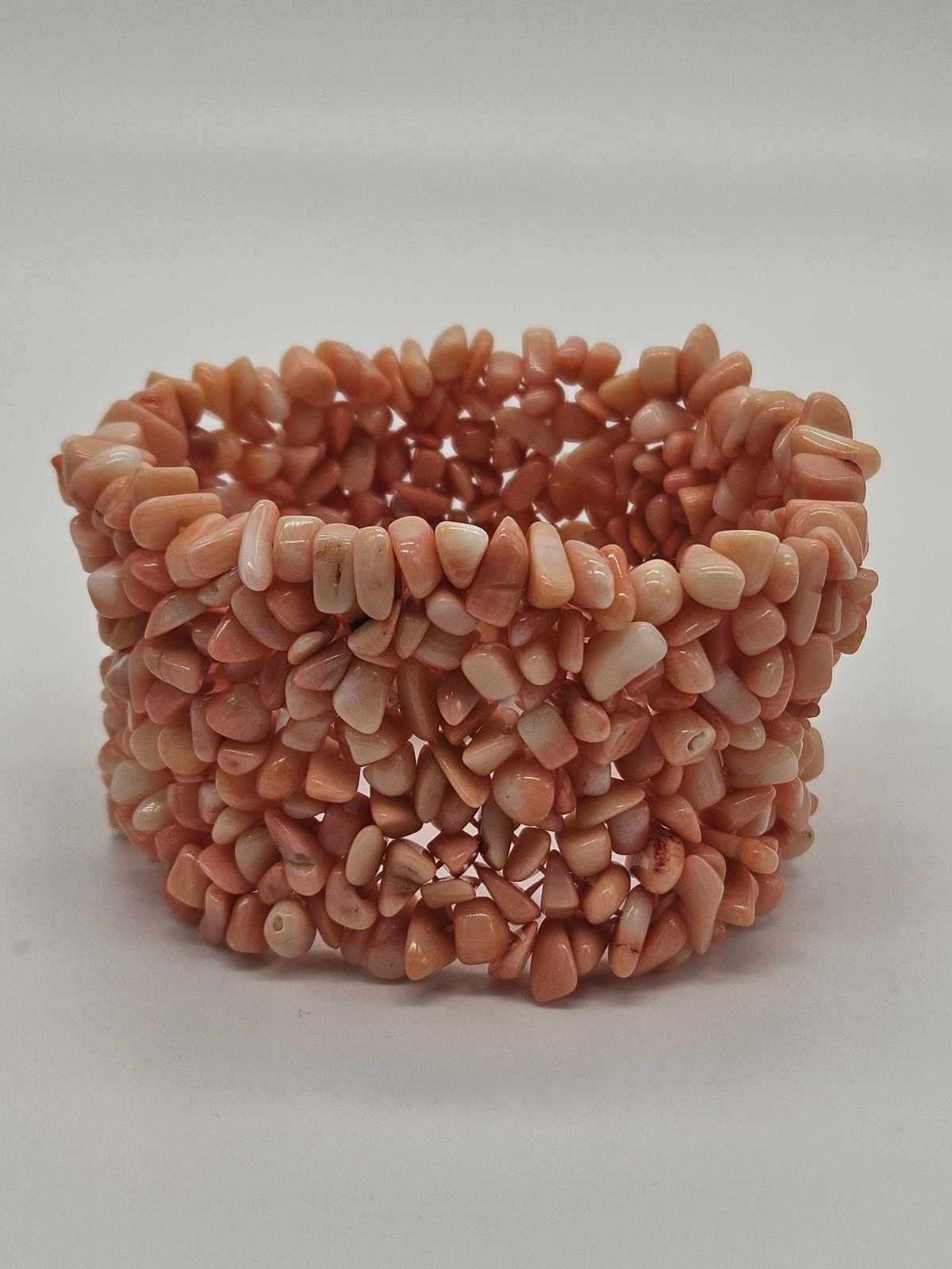 Vintage Pink Coral Wide Band Stretch Bracelet W/ Free-Shape Tumbled Stones