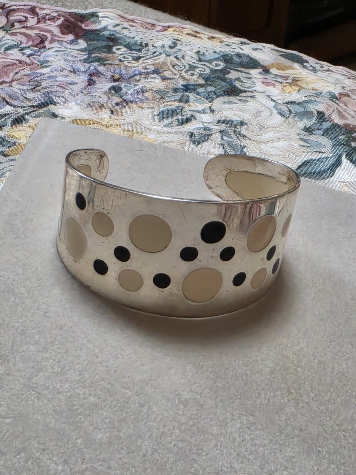 MCM 1960’s RetroPolka-dot Enamel Swiss Cheese Opp Art Silver Tone Cuff Bracelet