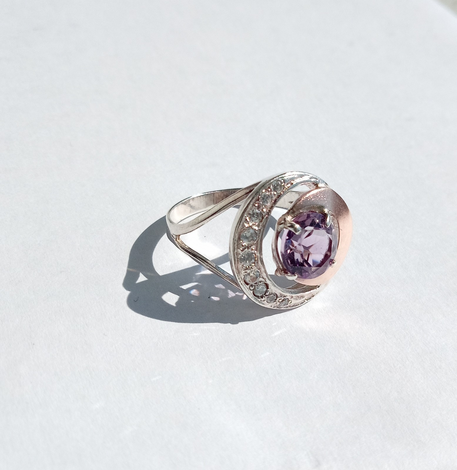 Vintage Ring Purple stone Sterling Silver 925 Gold 375 test Women Jewelry size 8