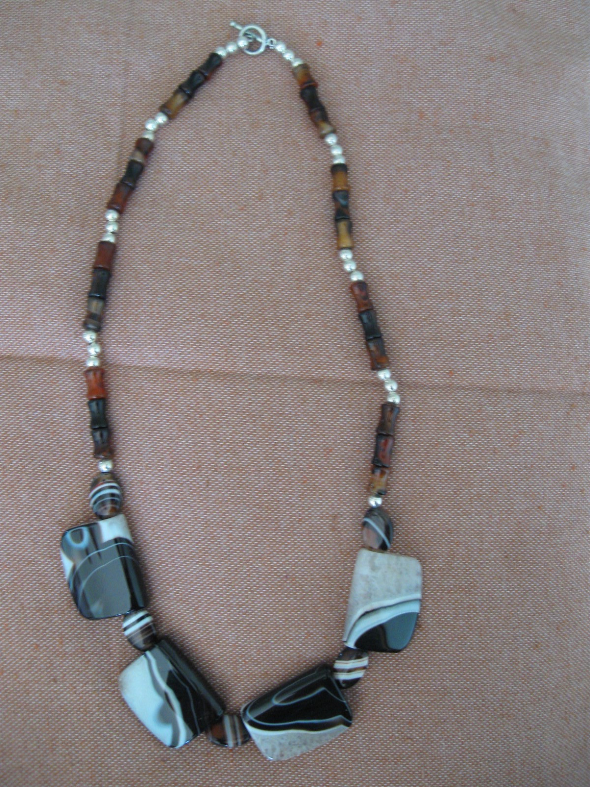 Vintage Original 26″ Agate & Amber Necklace Beaded/Silver Beads & Toggle Clasp