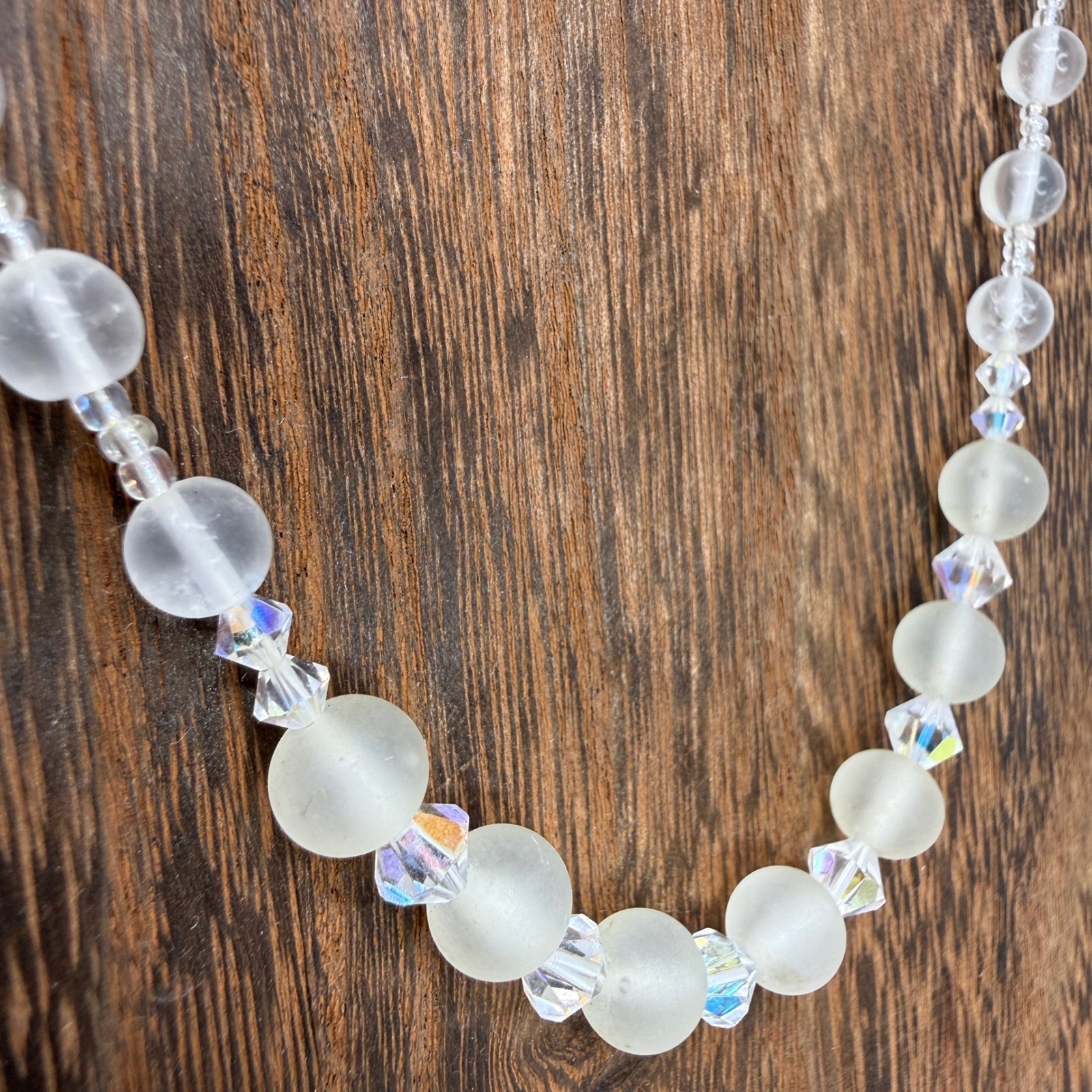Vintage Frosted Glass AB Crystal Pearl Beaded Necklace Filigree Clasp Iridescent