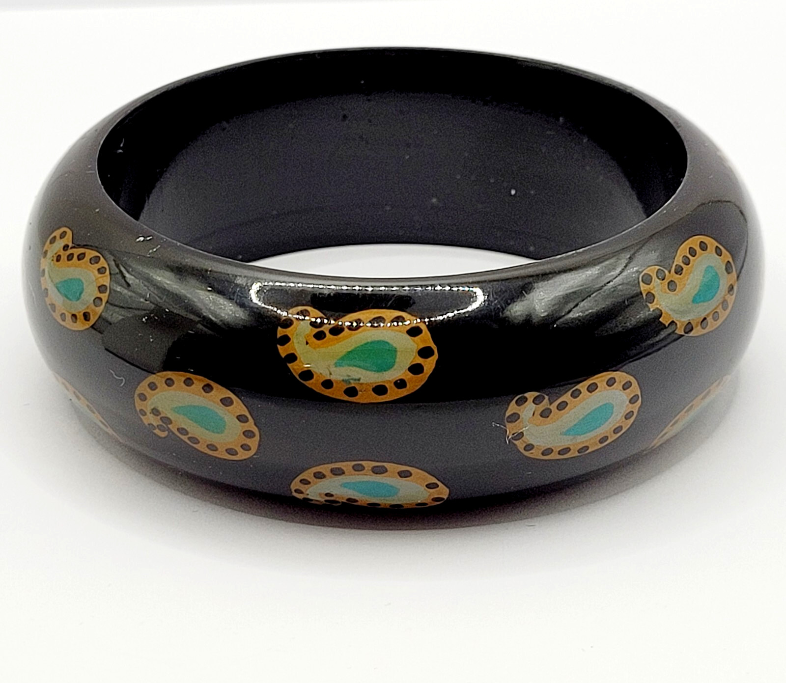 Paisley on Black Vintage Wide Chunky Vintage 1980s Acrylic Bangle Bracelet 8 In