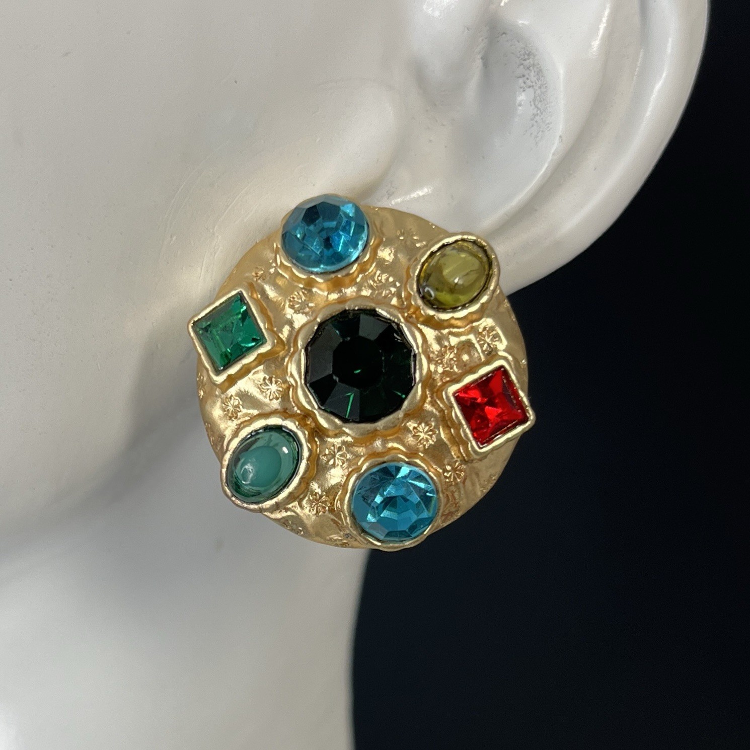 Byzantine Matte Gold Tone Earrings Round Rhinestone Gripoix Style Multicolor