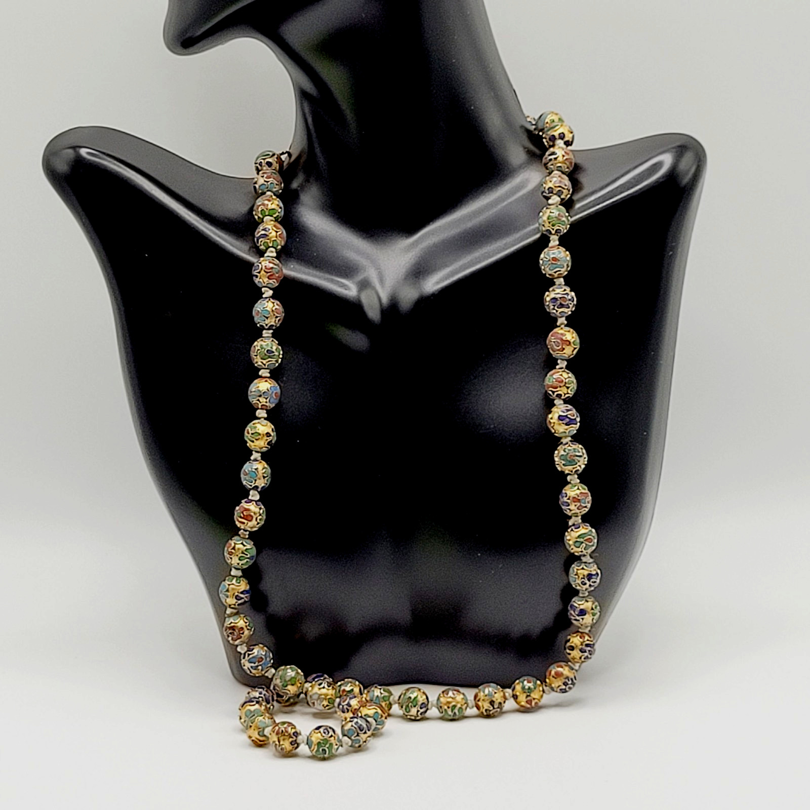 Chinese Cloisonné Floral Bead Hand Knot Circa 1930s Beaded Necklace 23 Inch