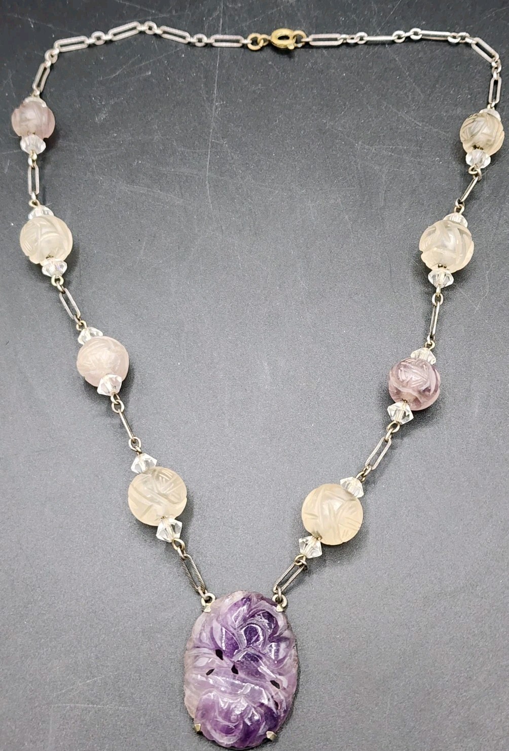Antique Art Deco Chinese Carved Purple Amethyst Bead Necklace w/Carved Pendant