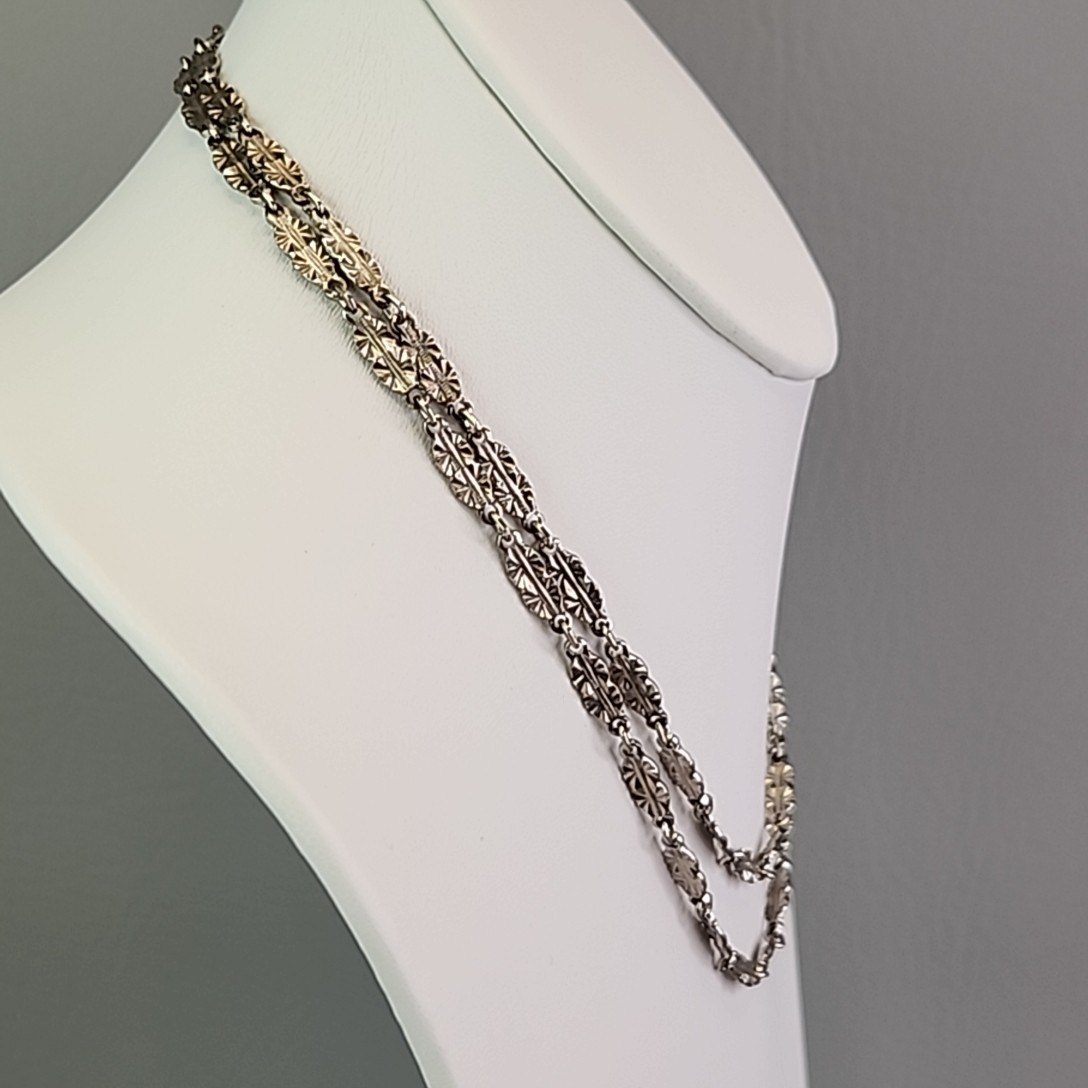 Vintage Chain Necklace Silver Tone Starburst Etched Bar Link 34″