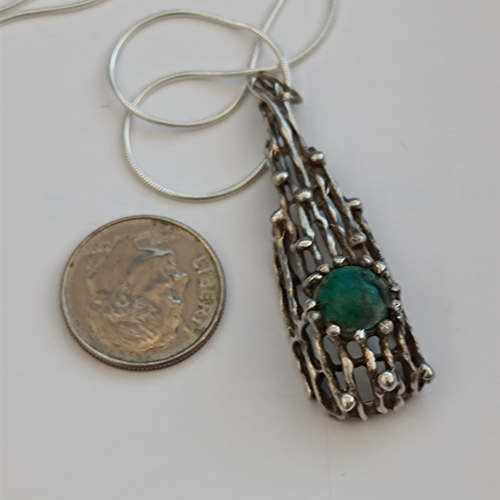 Modernist Brutalist Eilat Stone Pendant Necklace Sterling Silver Israeli 70s VTG