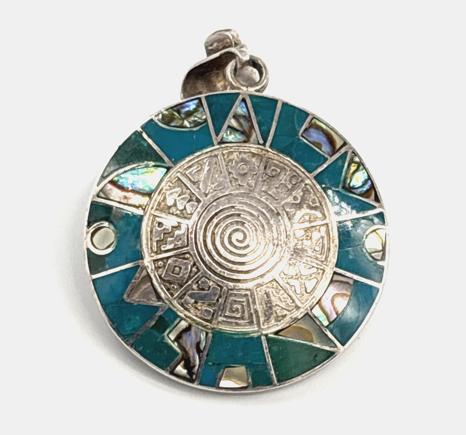 VTG Sterling Silver 950 Inlay Pendant Turquoise / Mother of Pearl 12.06 grams