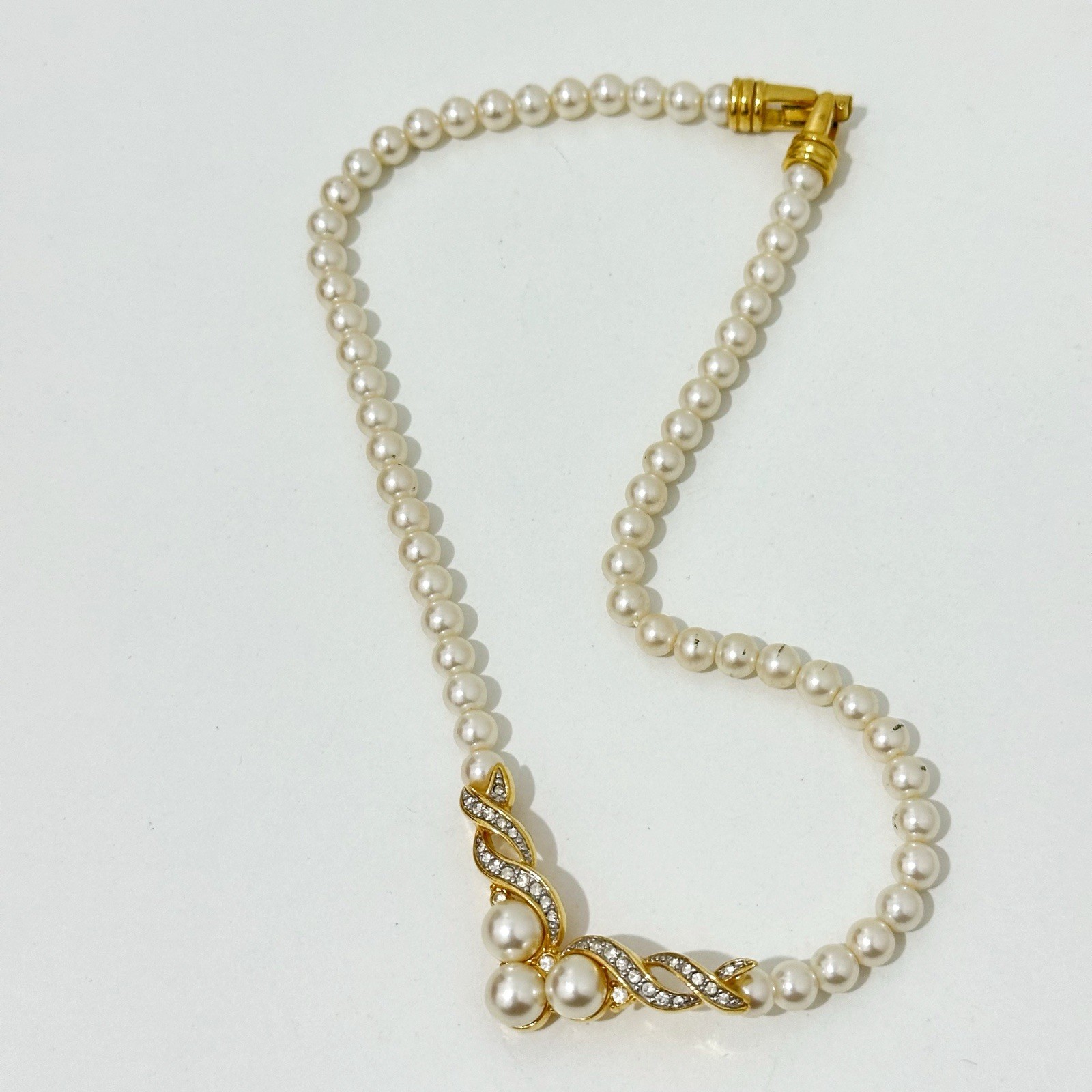 Vintage Faux Pearl Rhinestone Necklace Gold Tone Formal Bridal Wedding 45cm