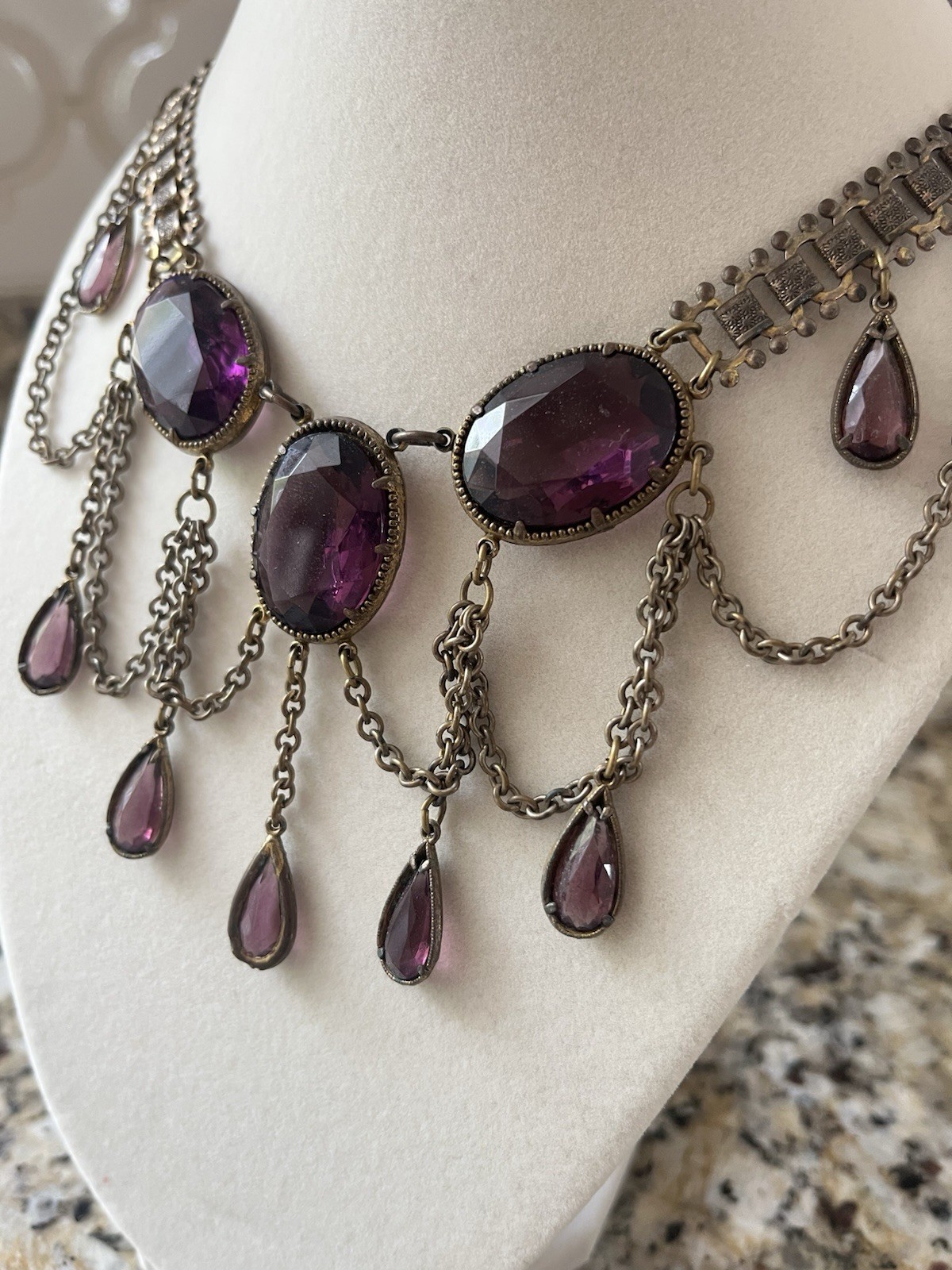 Amazing Antique Billowing Amethyst Colored Stones Bib Collar Necklace