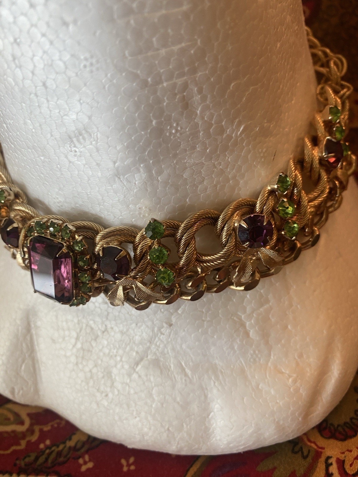 Vintage Gold Tone Necklace And Clip Earrings Purple & Lime Green Stones
