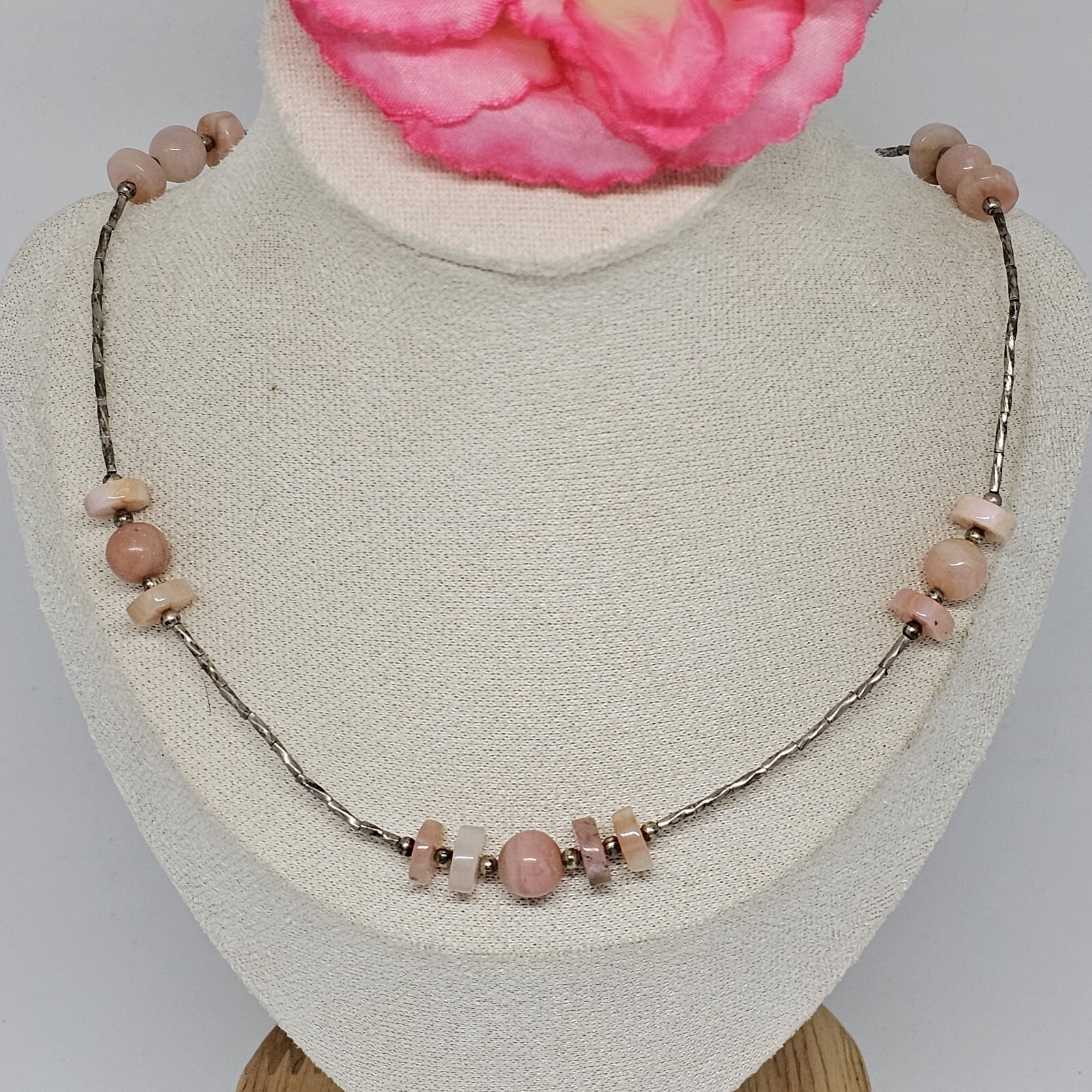 925 Sterling Silver – Round Pink Agate Beaded Chain Choker Necklace 16.5″ Long