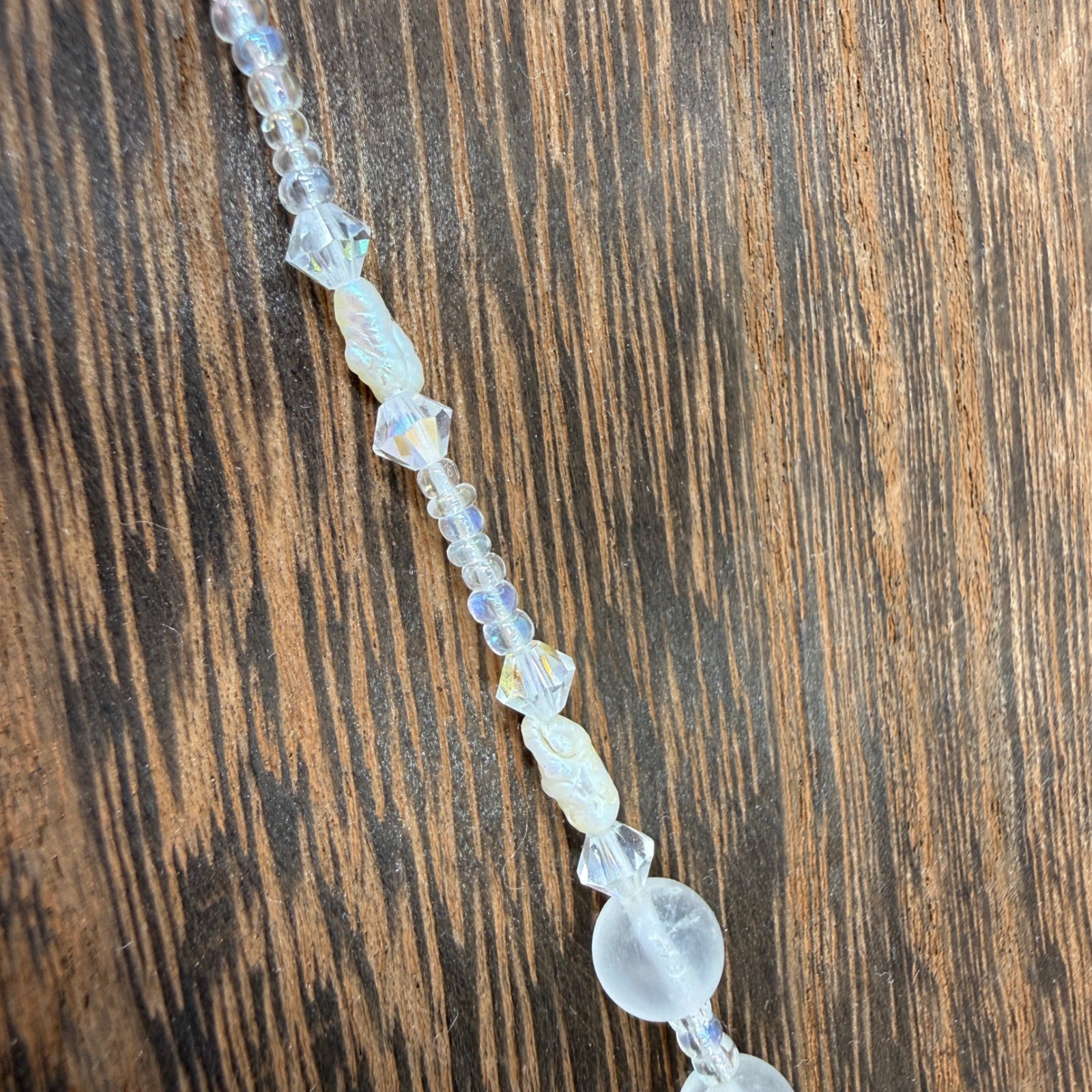 Vintage Frosted Glass AB Crystal Pearl Beaded Necklace Filigree Clasp Iridescent