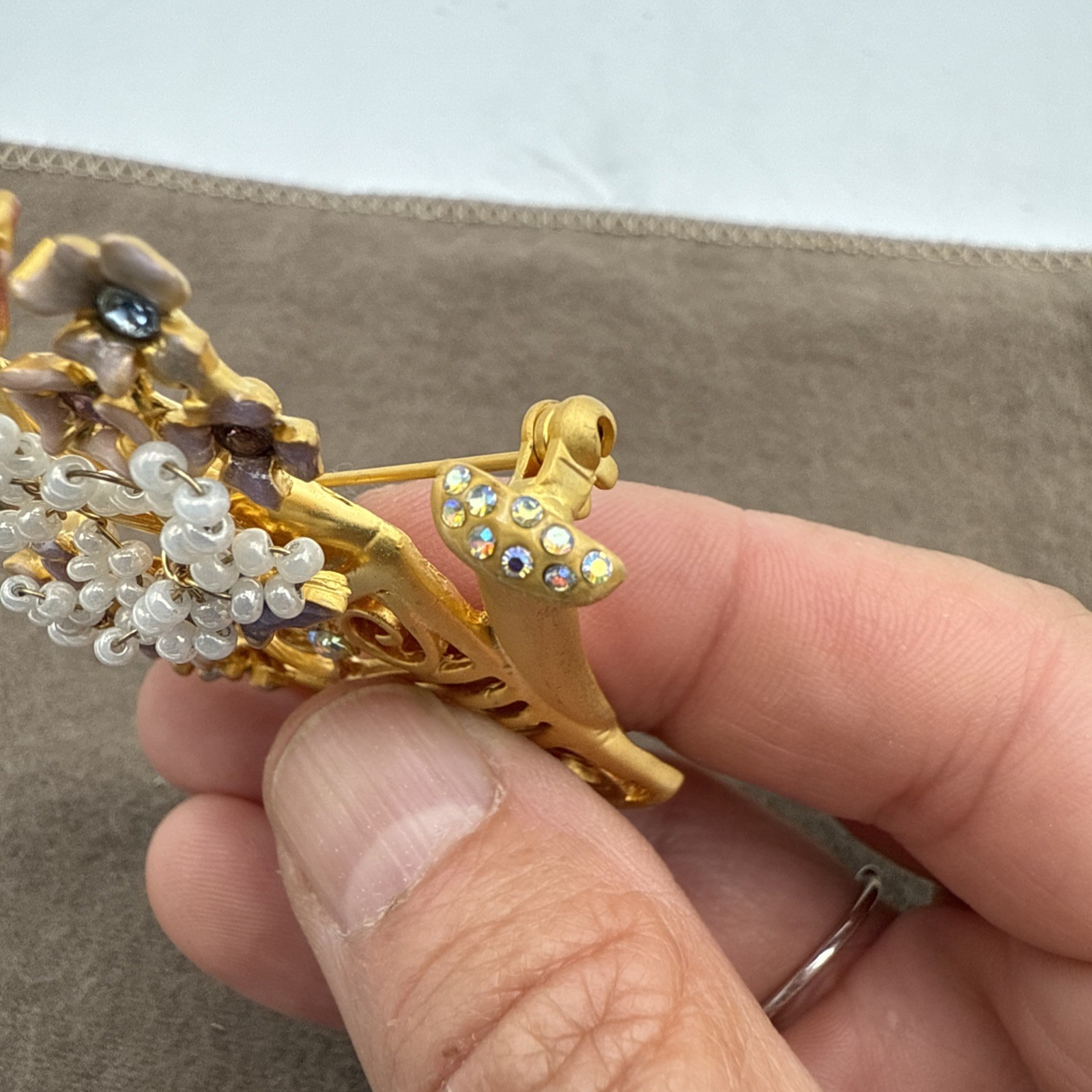VTG Spring Watering Can Brooch Flowers Gardening Gardener Rhinestones & Enamel