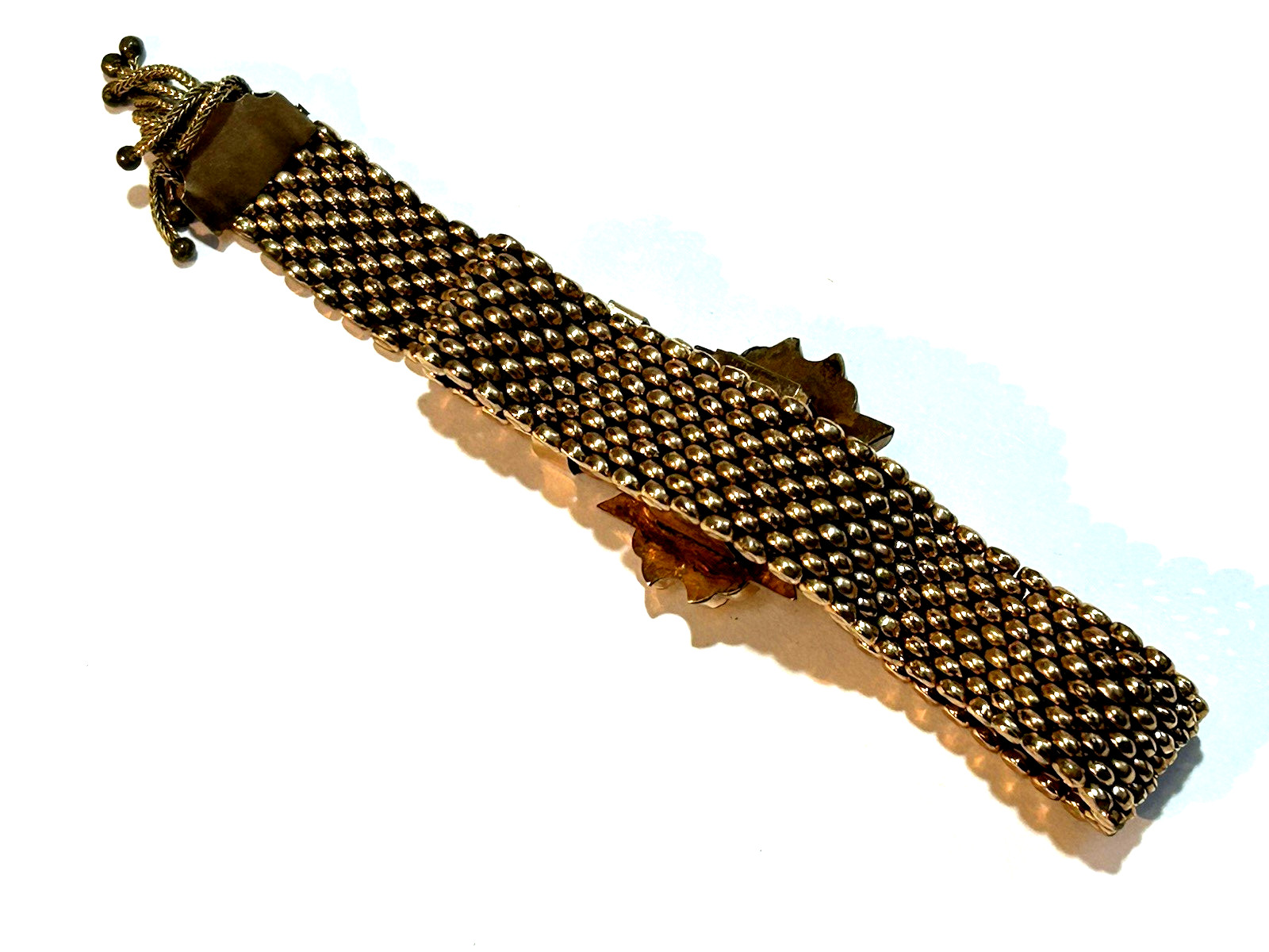 Victorian Gold Filled Slide Bracelet Red Stone Seed Pearls Tassels