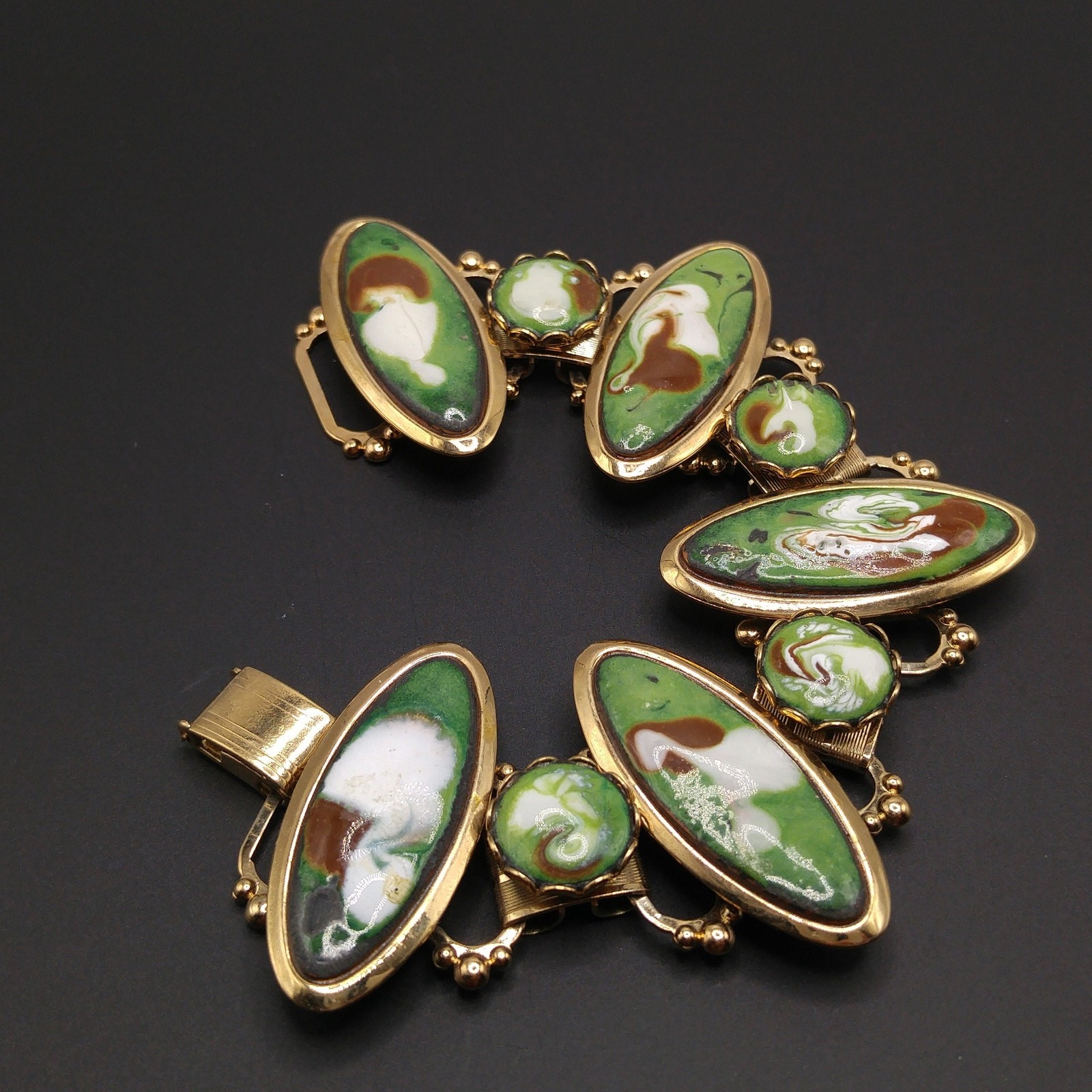 Mid-Century Enamel Book Chain Bracelet, Green Brown White Gold, 1950s Vintage