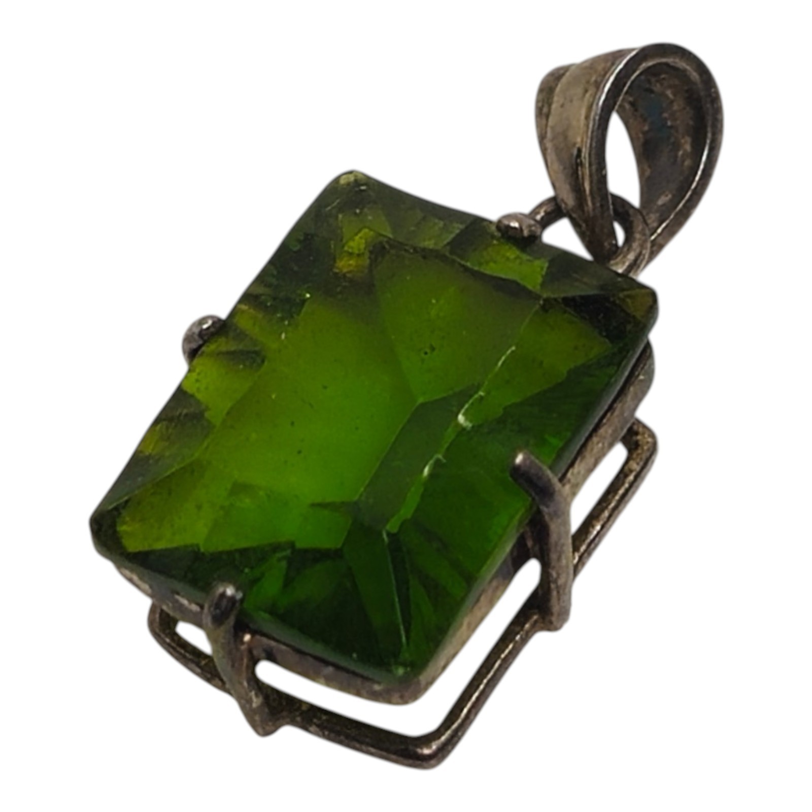 Green Faceted Rectangle Glass Stone Pendant Silver Tone Art Deco Style