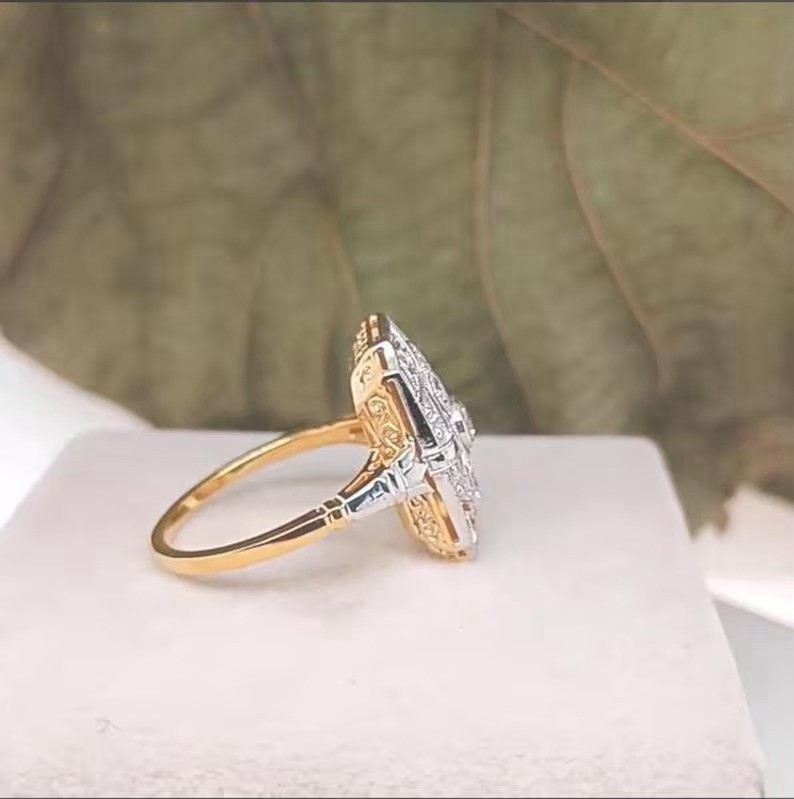 Edwardian 0.35 Ct Round Cut Moissanite Two-Tone Vintage Antique Tablet Ring