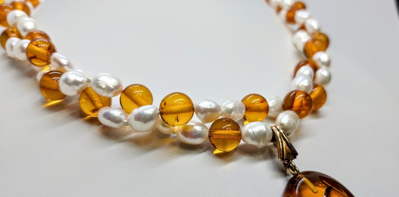 14k Gold Honey Amber Pearls Double Necklace 24″ 14k Removable Antique Pendant