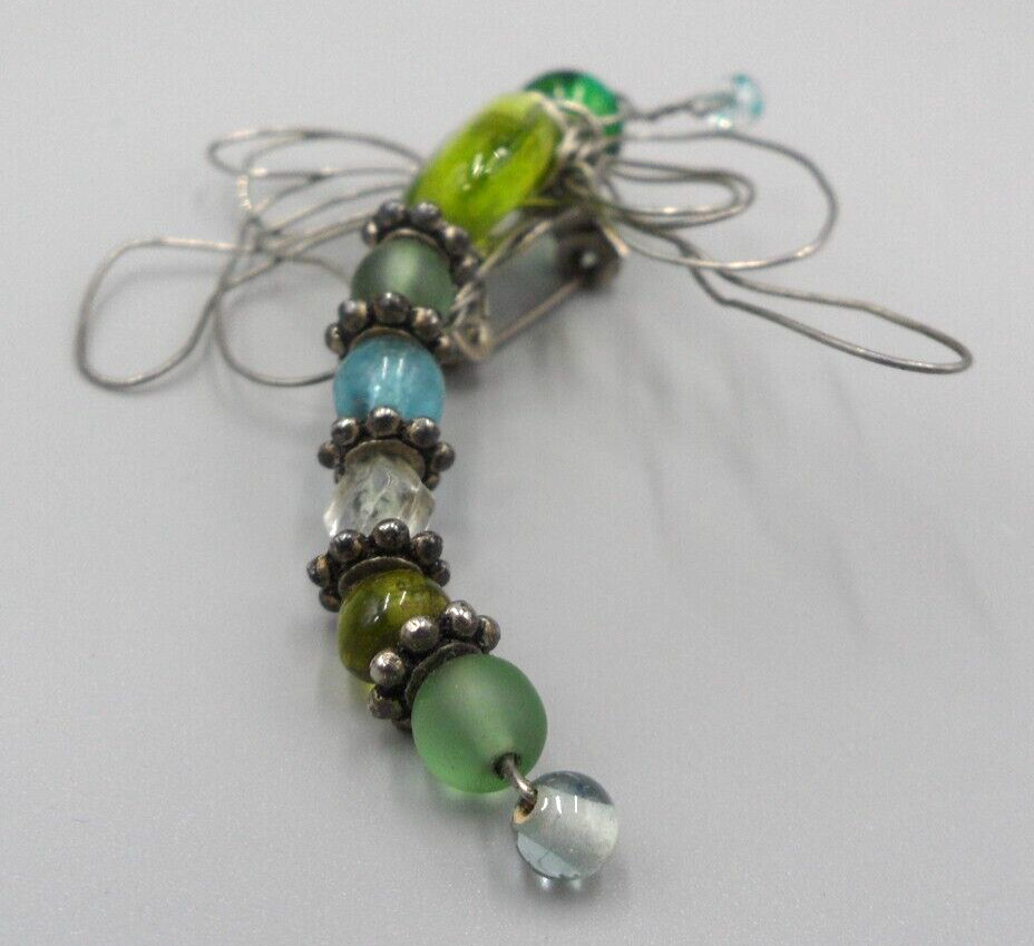 Vintage Dragonfly Brooch Art Glass Beads Wire Work 70s Retro Hippie Boho 3″