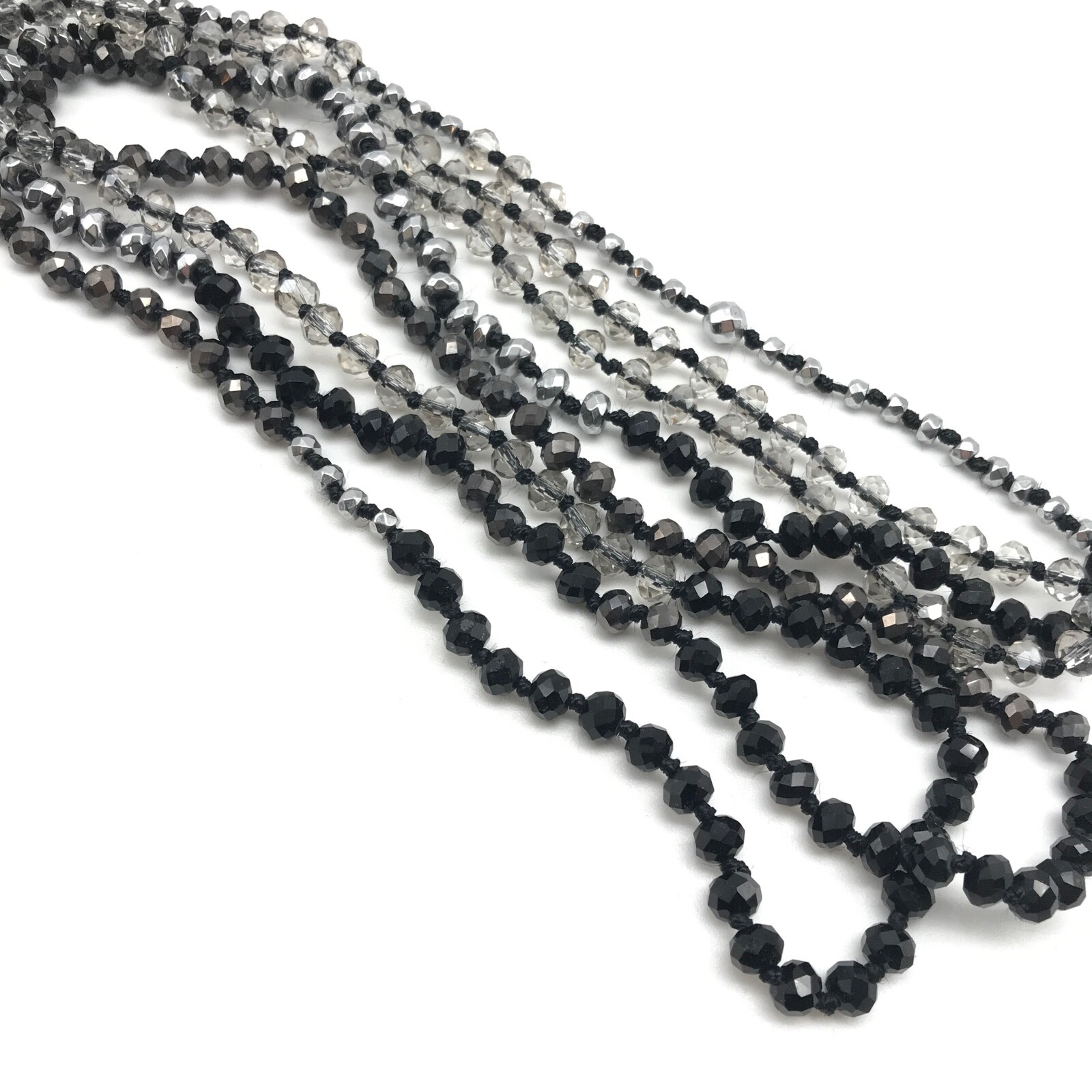 Vintage Clear Crystal Black Faceted Glass Beaded Long Hand Knot Strand Necklace