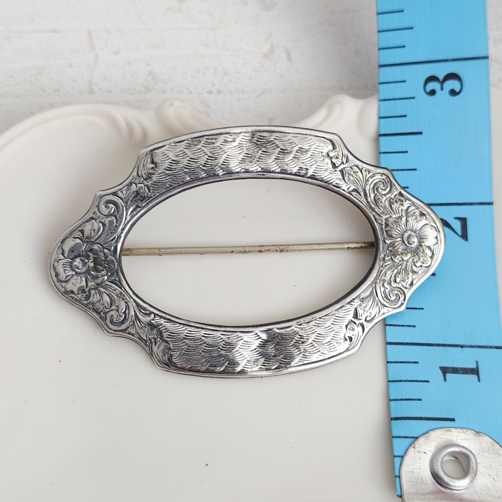 Vintage Antique Victorian Sterling Silver Top 925 Belt Buckle Brooch Pin C Clasp