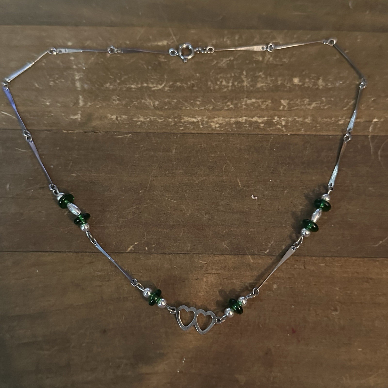 Vintage silver tone bar link station green bead double heart necklace