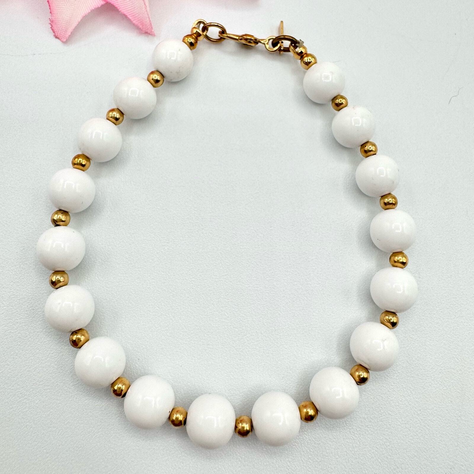 Vintage Monet White Beaded Signed Bracelet Gold Tone Chic Classic Sister Clasp