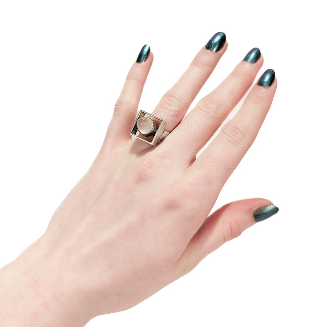 Vintage Neils Erik From Sterling Silver & Rose Quartz Bullet Cabochon Ring