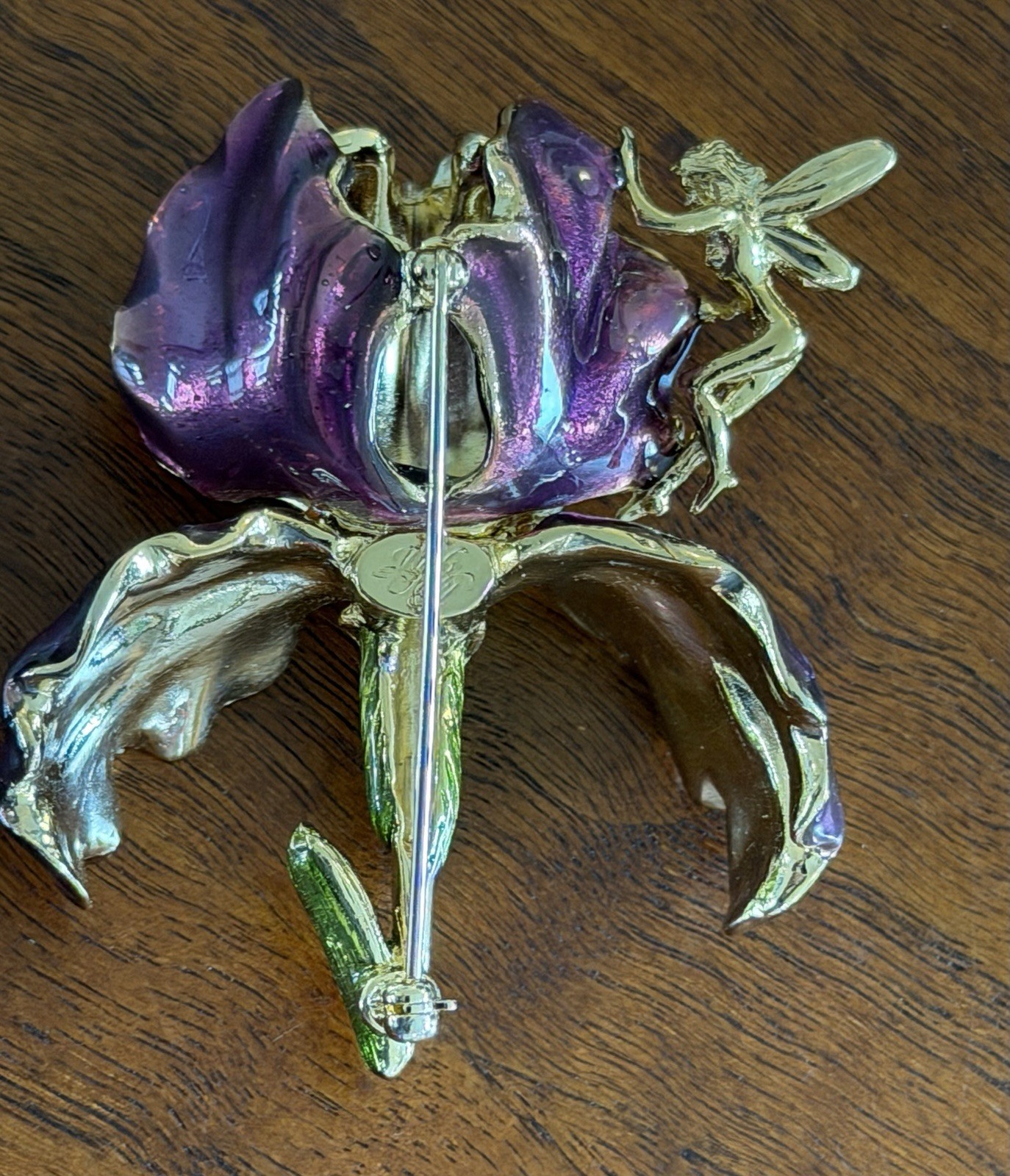 Vintage Large Kirks Folly Purple Enamel Orchid Brooch With Golden Fairy Signed