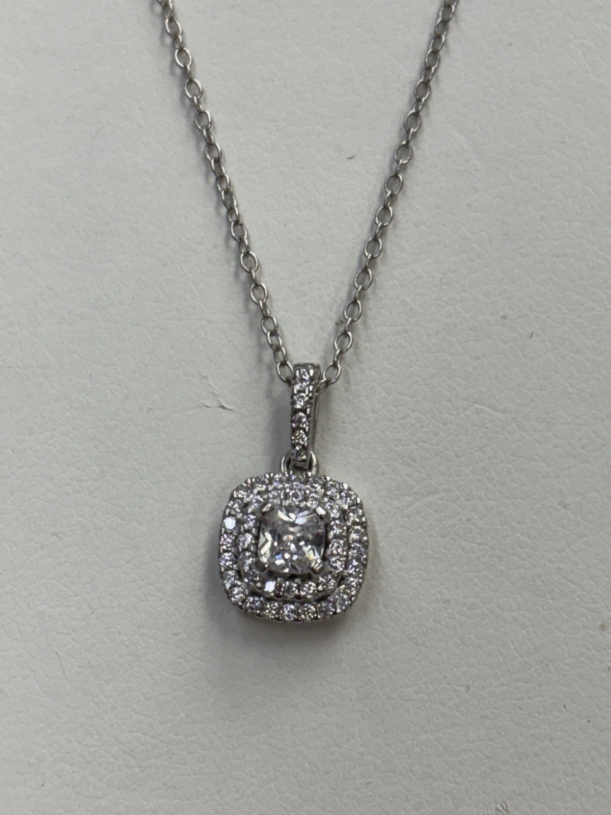 Sterling Cushion Cut CZ Double Halo Style Pendant Necklace 16-18”