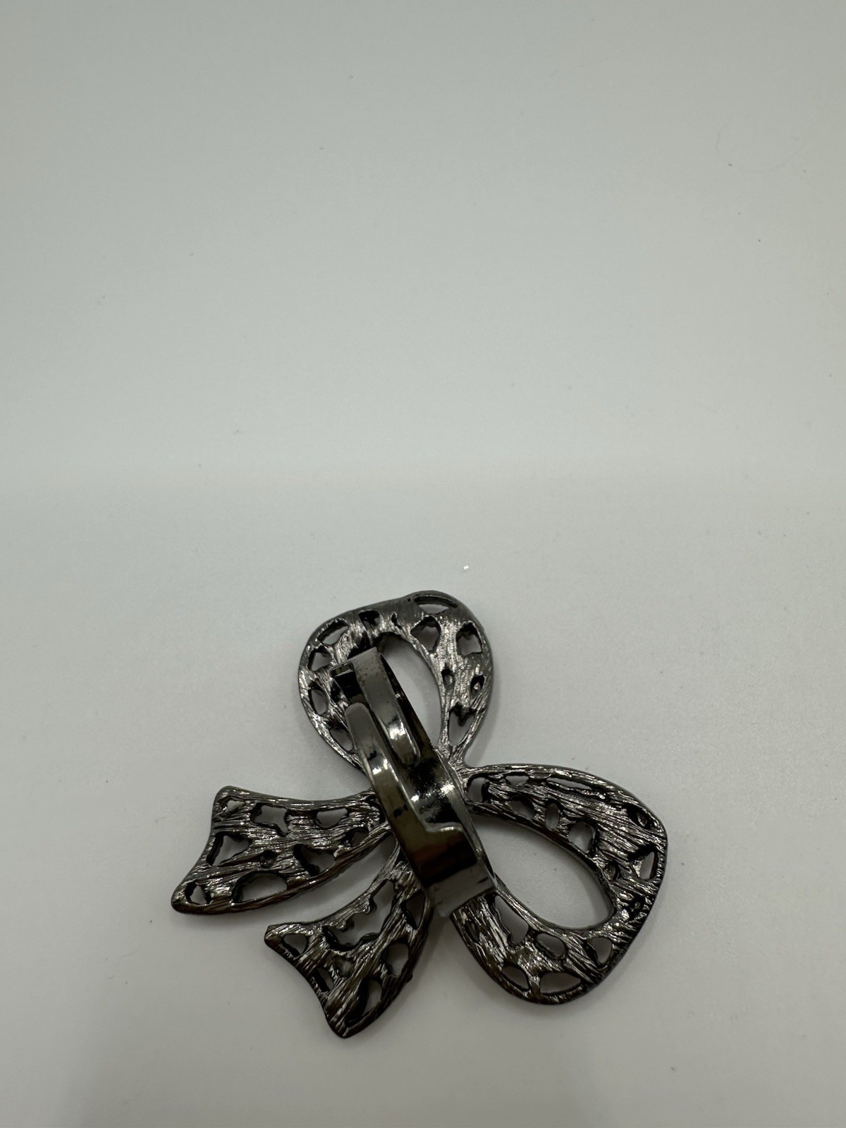 Large Gun Metal Tone Pink/Purple Rhinestone Bow Ring Adjustable