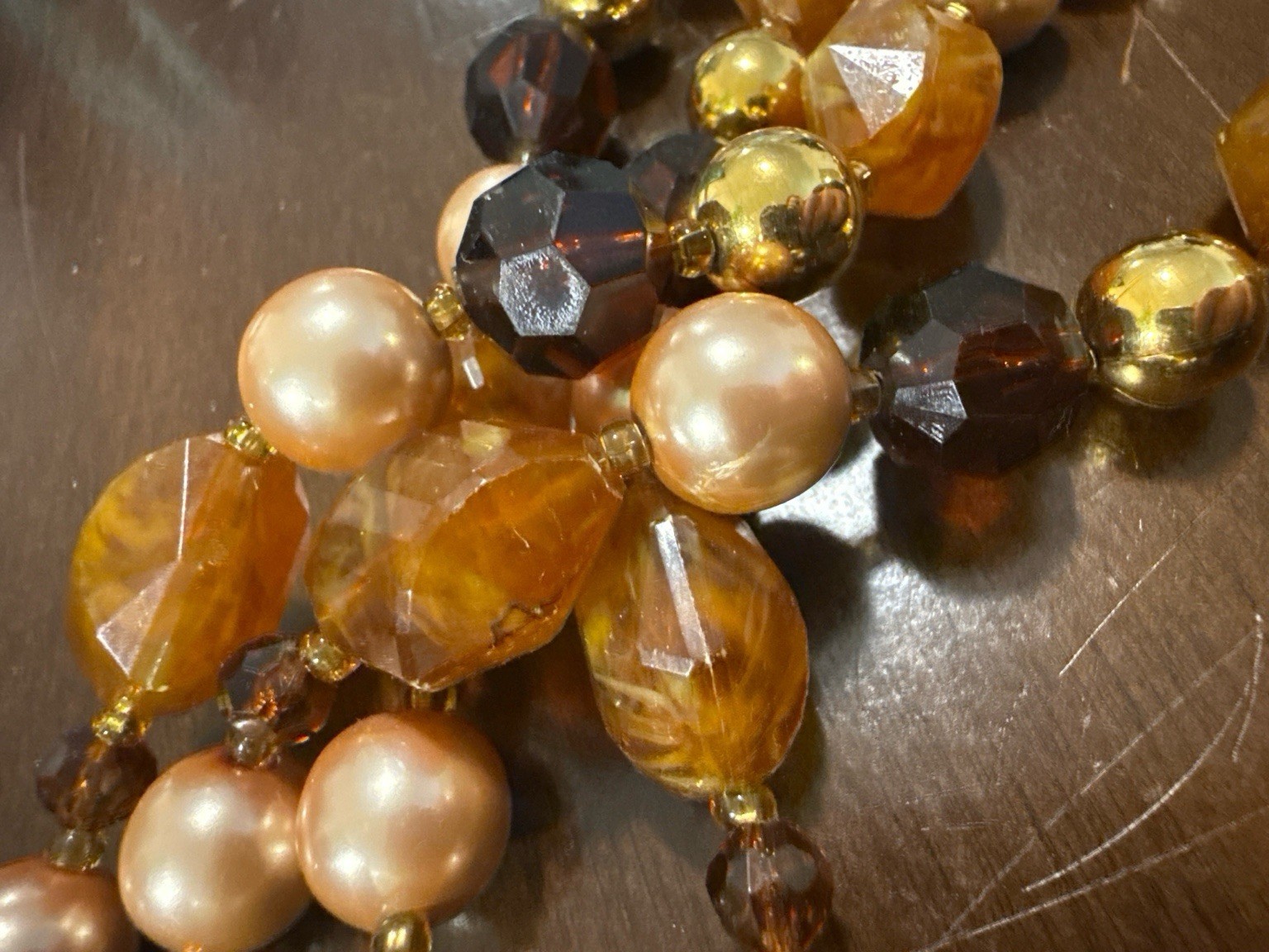 Vintage Made In France Multi Strand Amber Glass Faux Pearl Necklace 1960s-70s