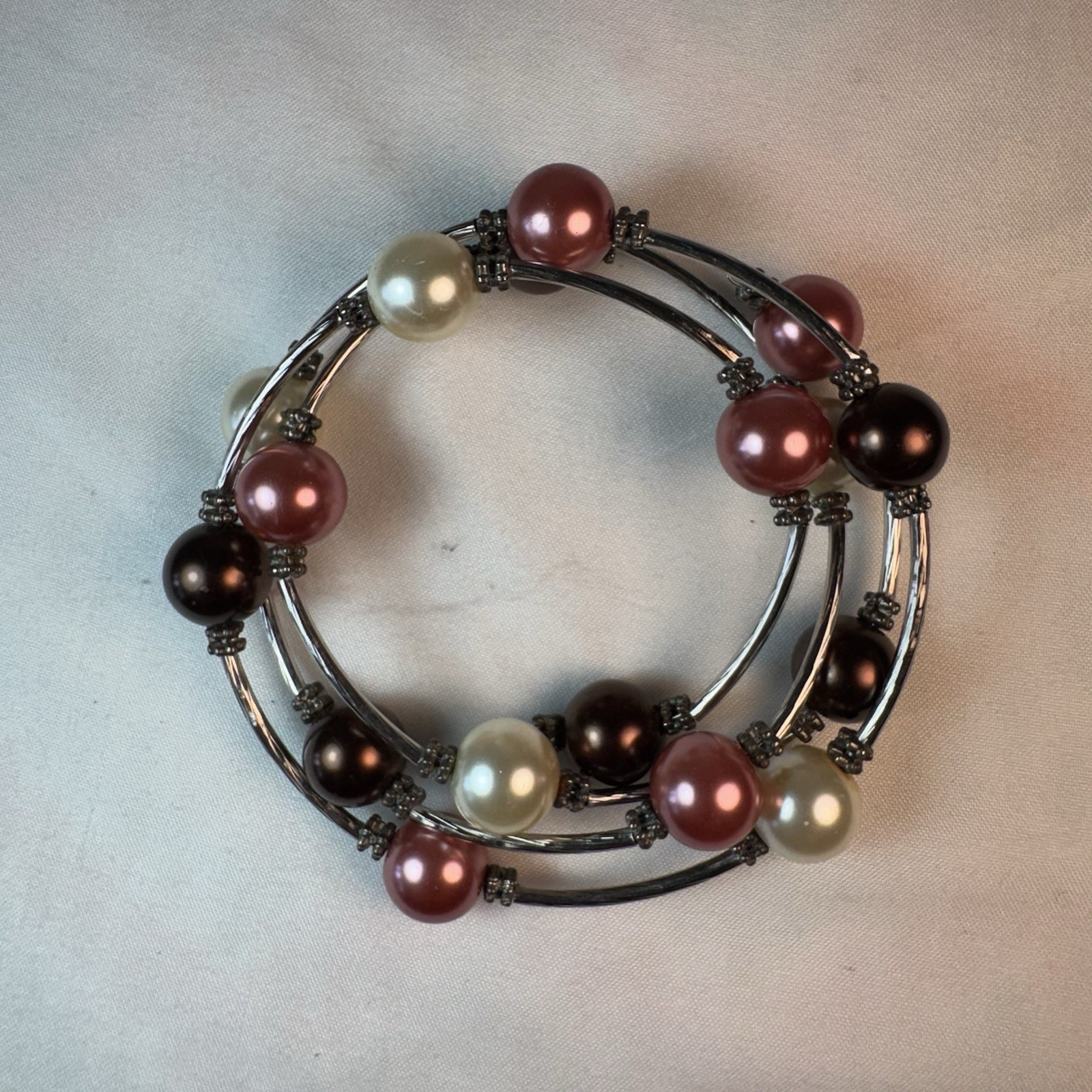 Vintage Faux Pearl Memory Wire Wrap Bracelet Multi Strand Pink Bronze Cream