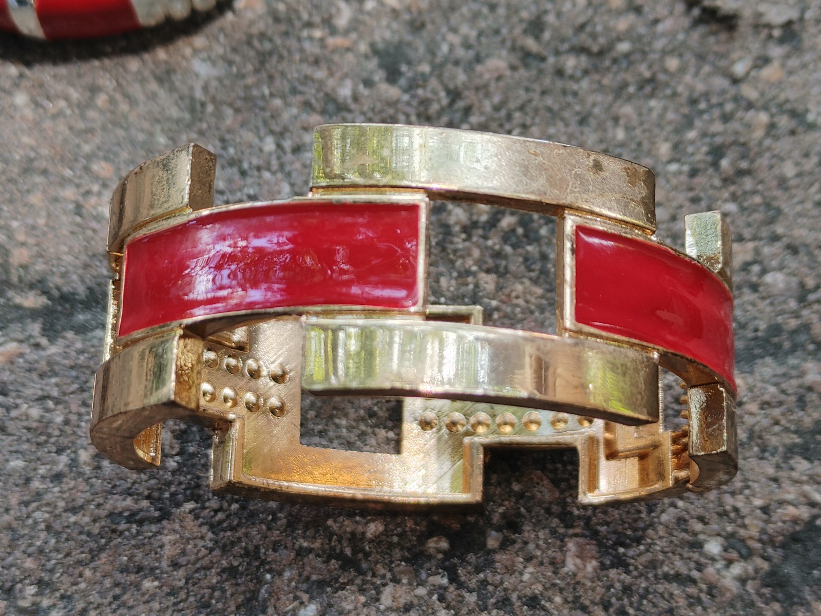2 Vintage Hinged Bangle Bracelets with Red Enamel 1 Gold Tone 1 Silver Tone 80’s
