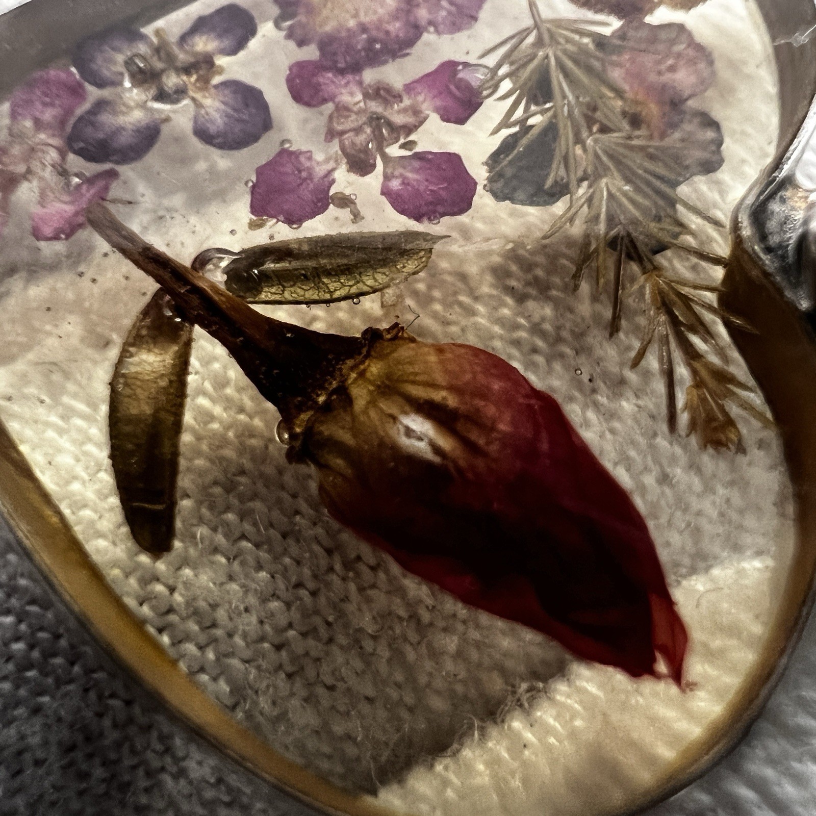 Vintage ATI Mexico Sterling Silver Dried Flowers In Resin Heart Pendant Signed