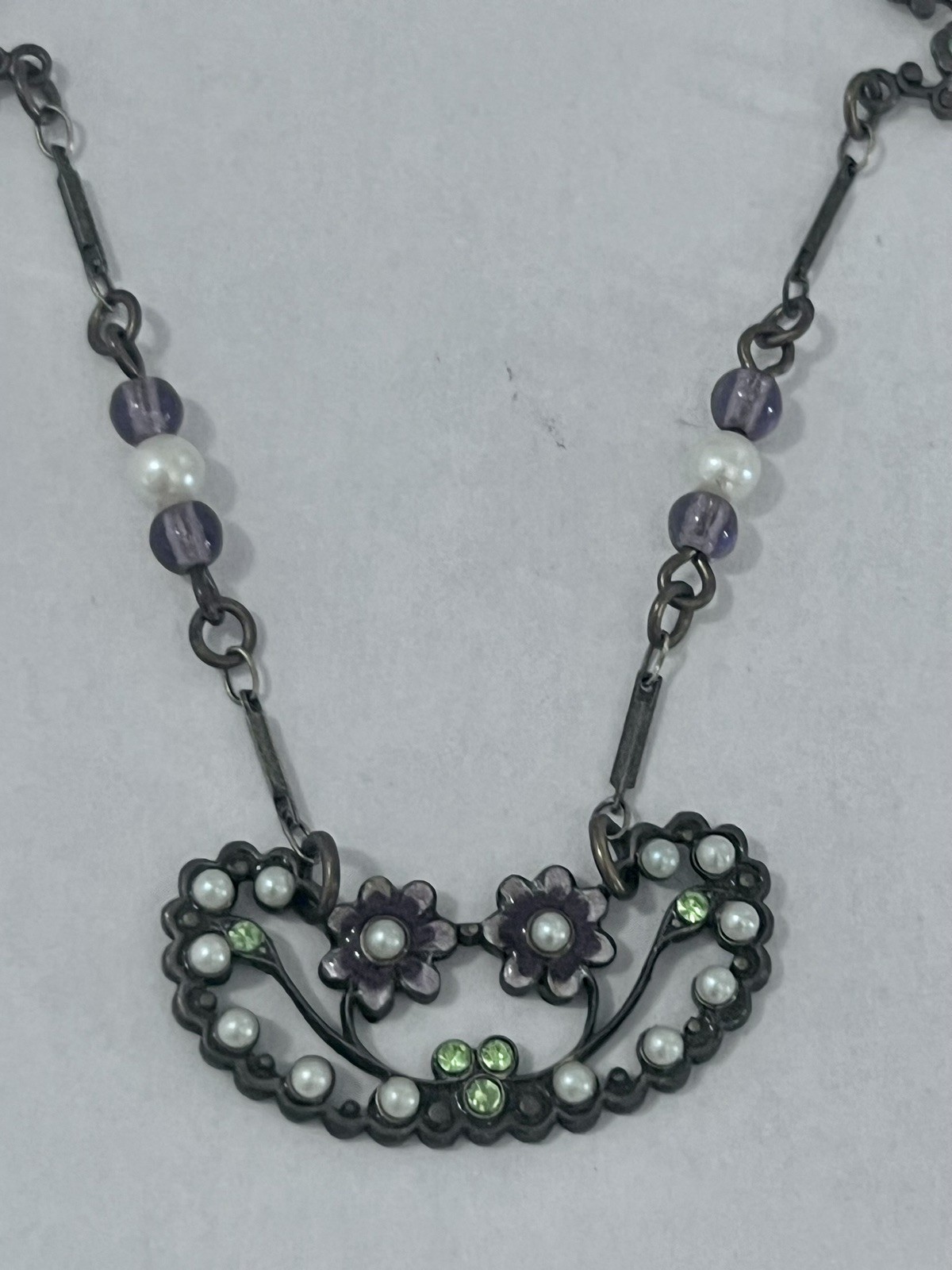 Glass Works Studio Signed Necklace Vintage Hang Tag Flowers Enamel Faux Pearl