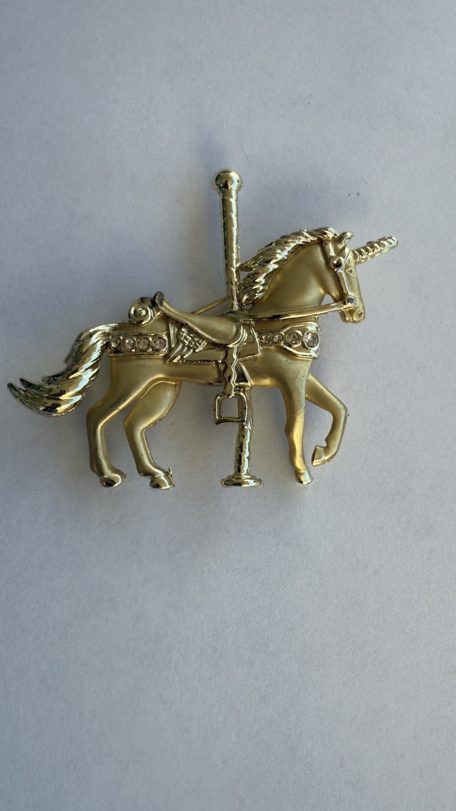 Gold Tone Carousel Unicorn Horse Brooch Pin Mythical Fantasy Jewelry